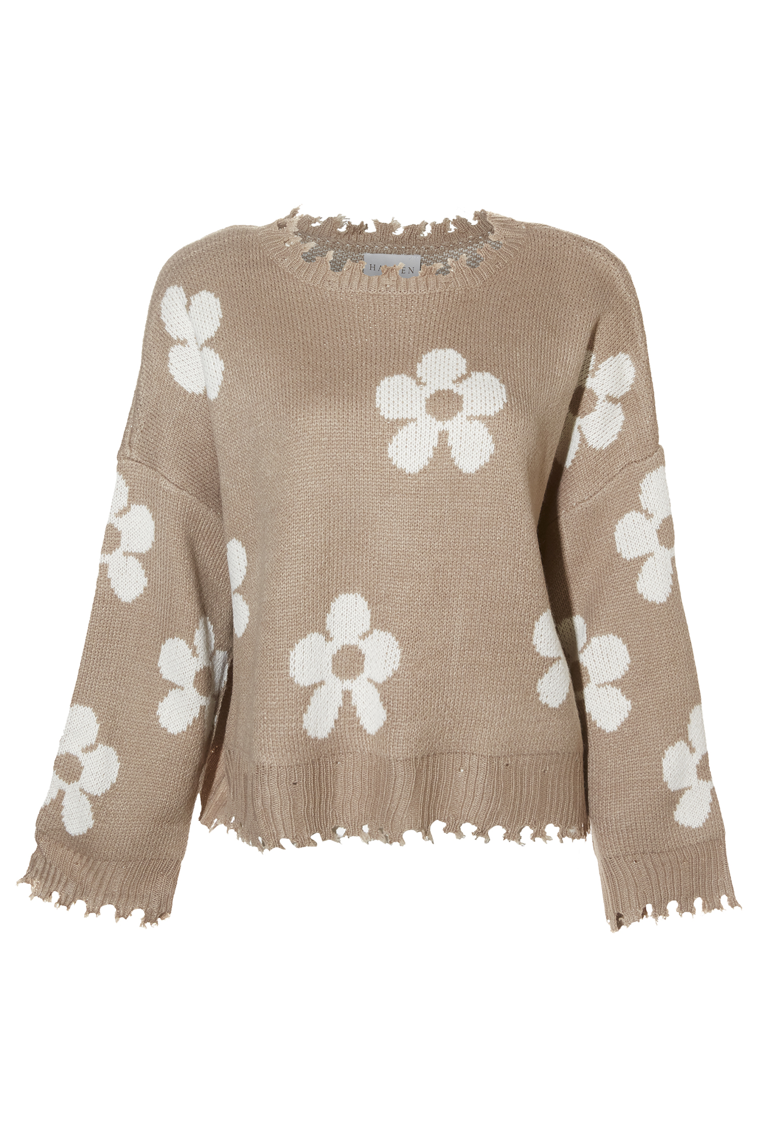 Distressed Floral Patterned Pullover Sweater