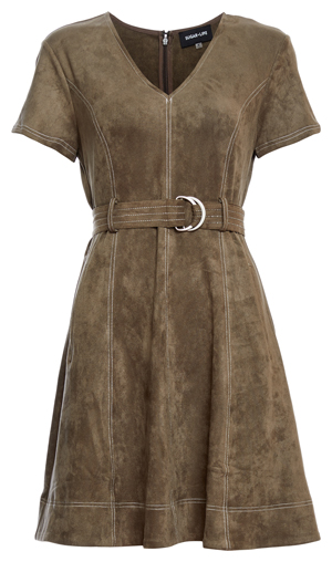 Belted A-Line Suede Dress