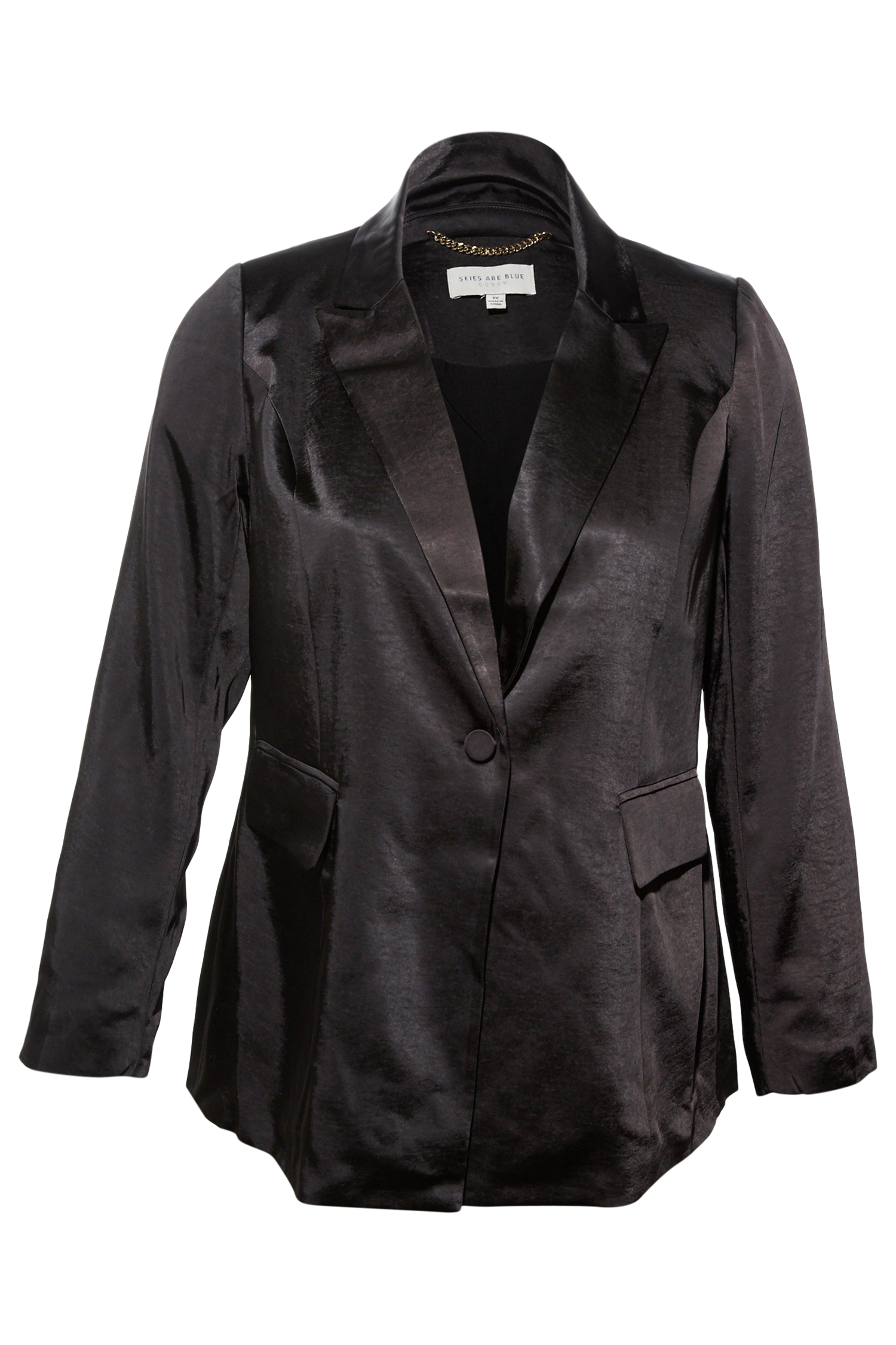 Skies Are Blue Single Button Satin Blazer in Black 2X 3X DAILYLOOK