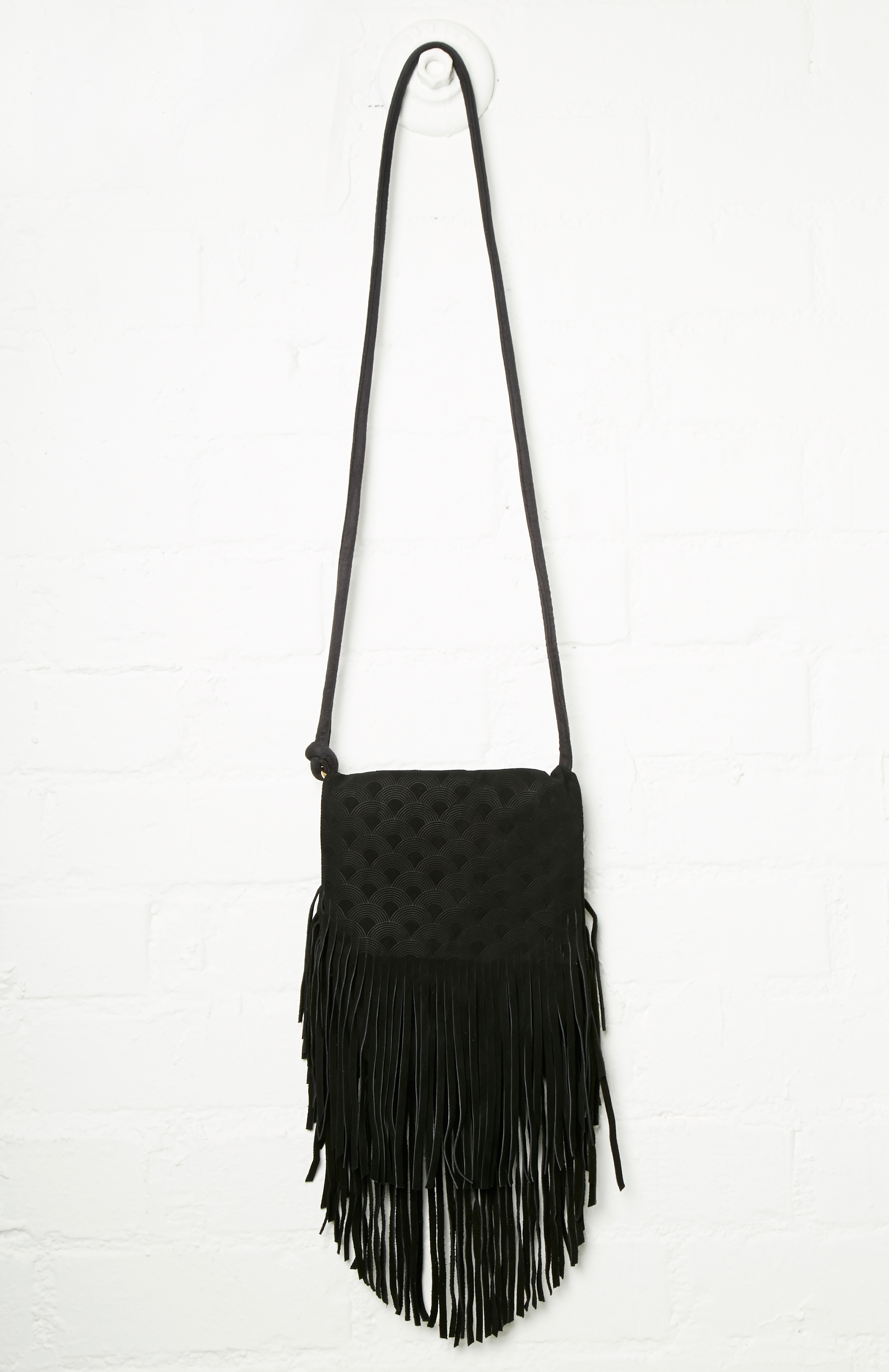 black suede fringe crossbody bag