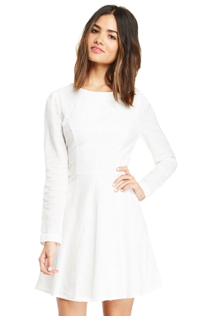 white long sleeve fit and flare dress