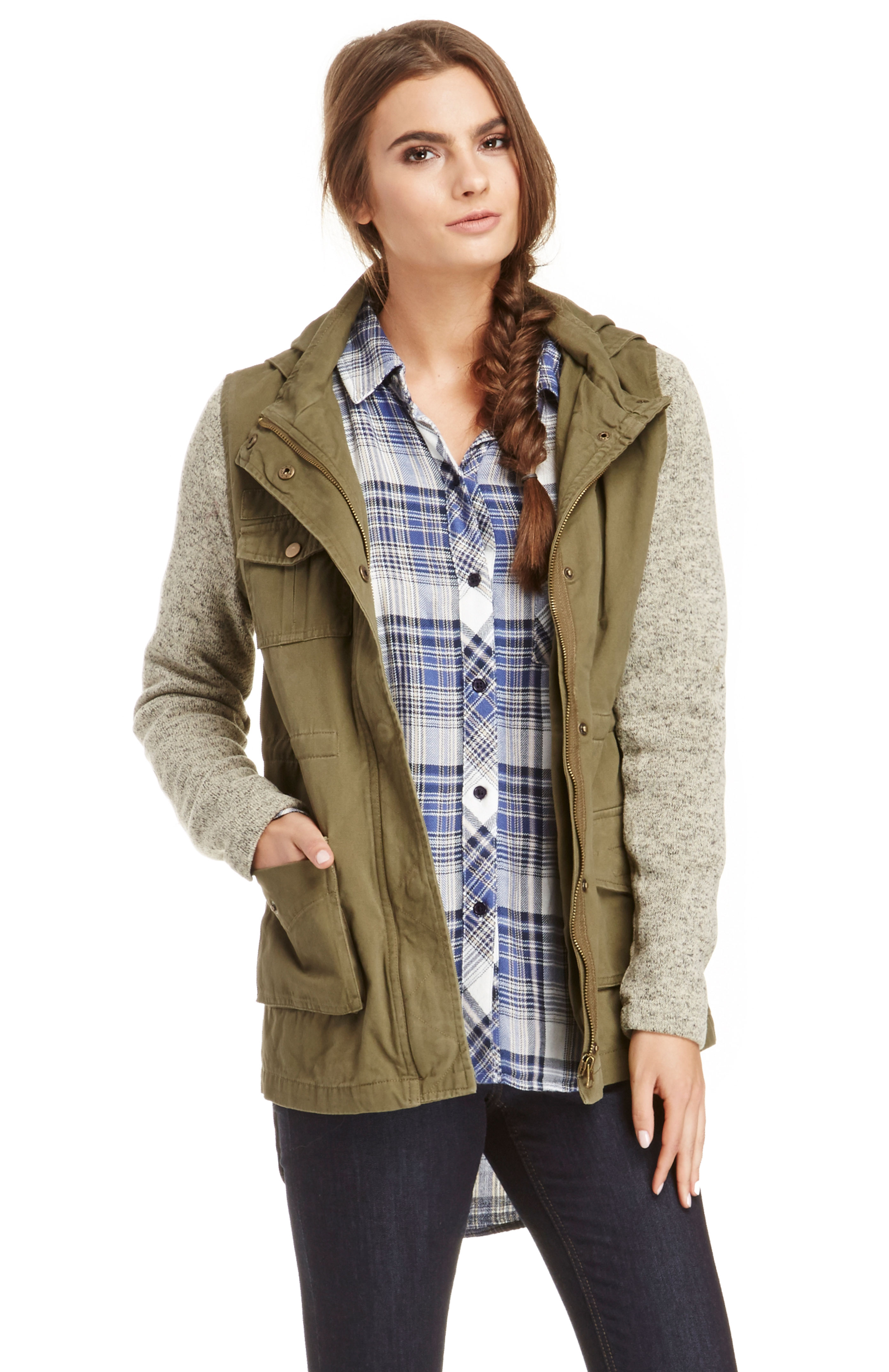 Olive & Oak Sweater Sleeve Cotton Military Jacket in Olive