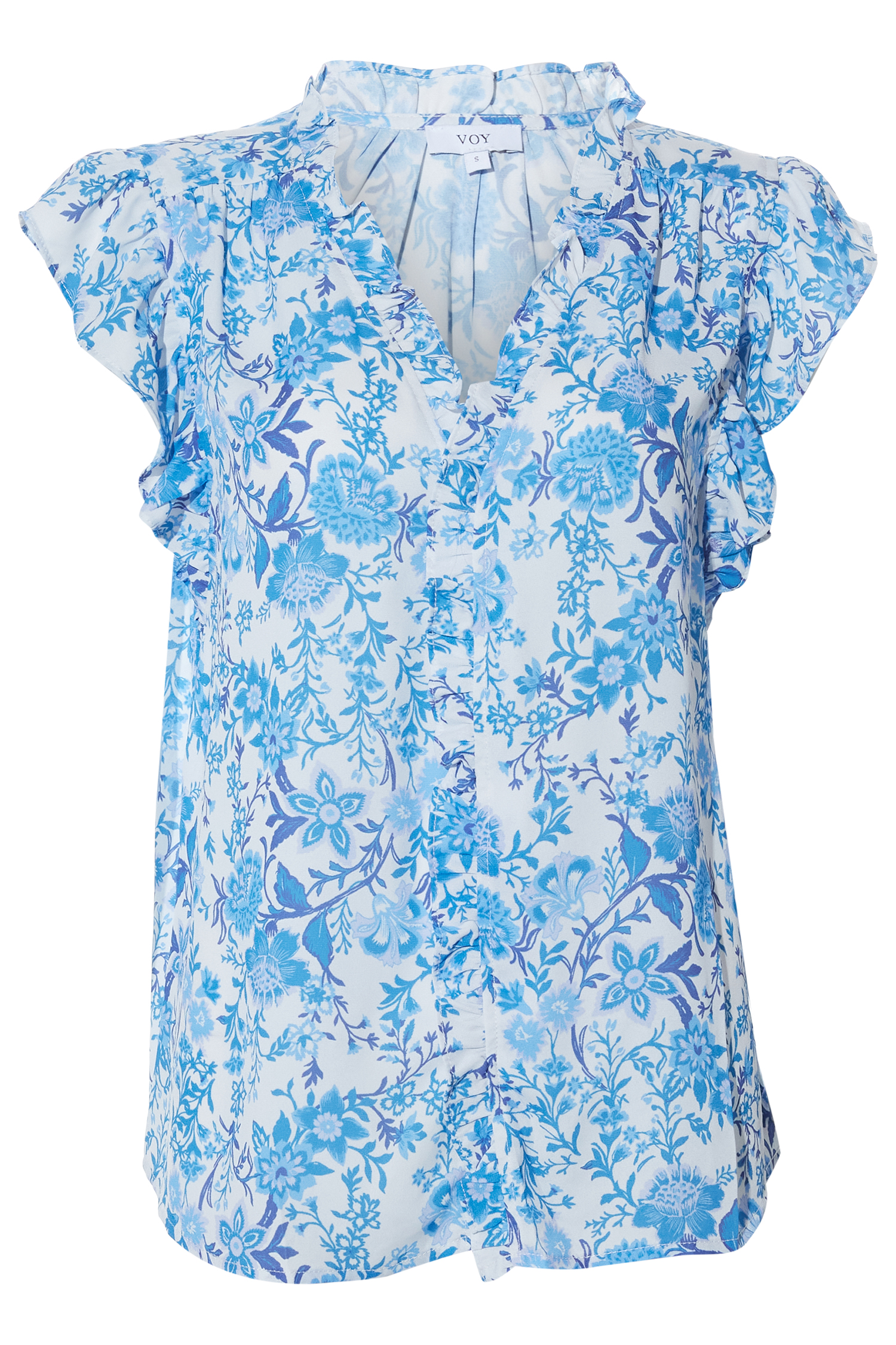 Ruffle Neck Button Front Printed Top