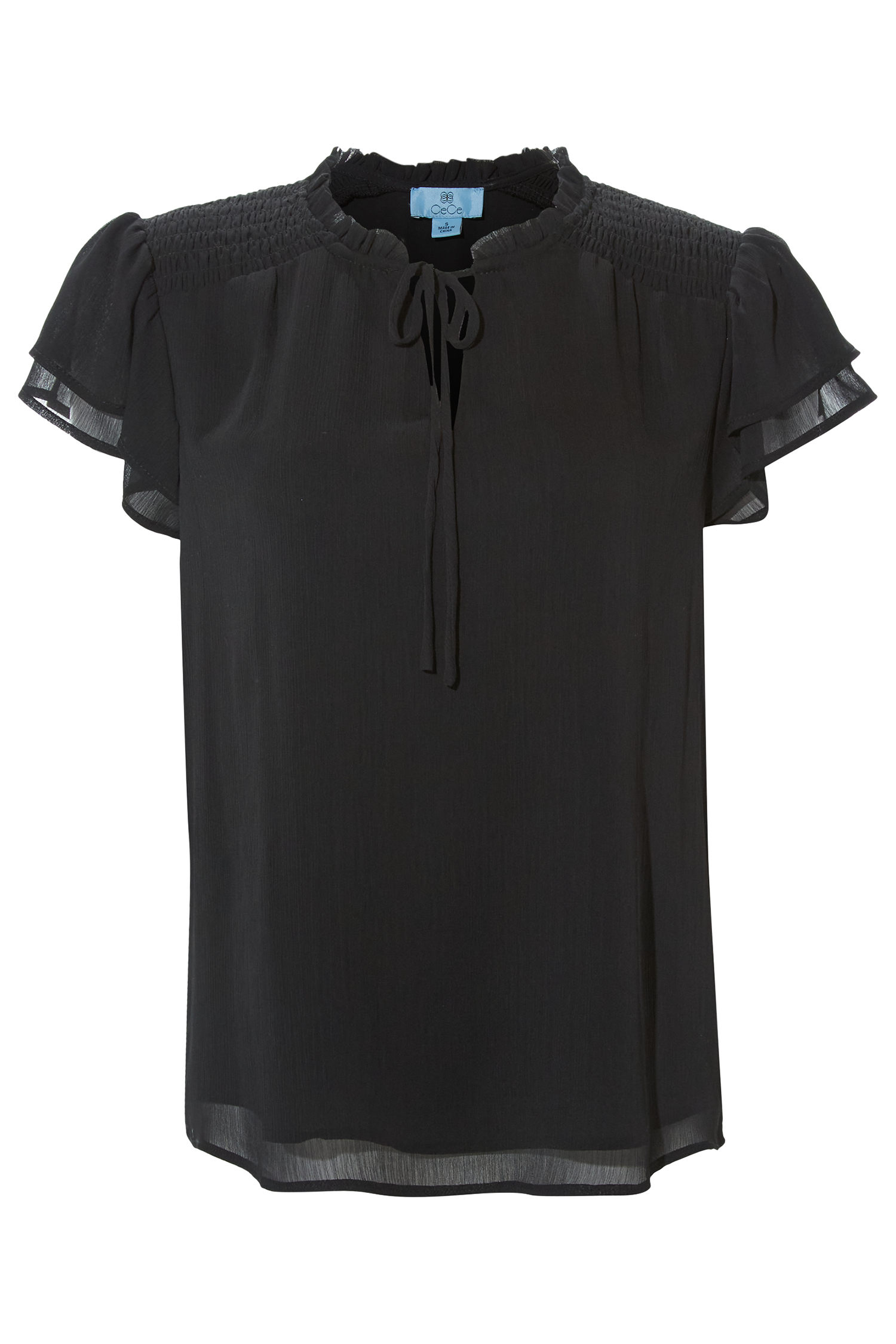 Smocked Shoulder Tie Neck Blouse