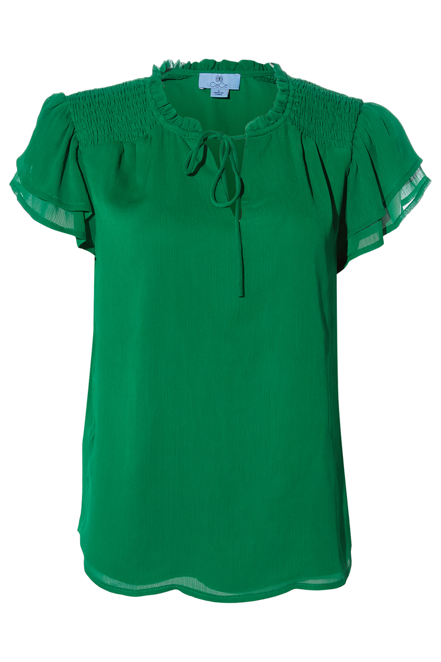 Smocked Shoulder Tie Neck Blouse