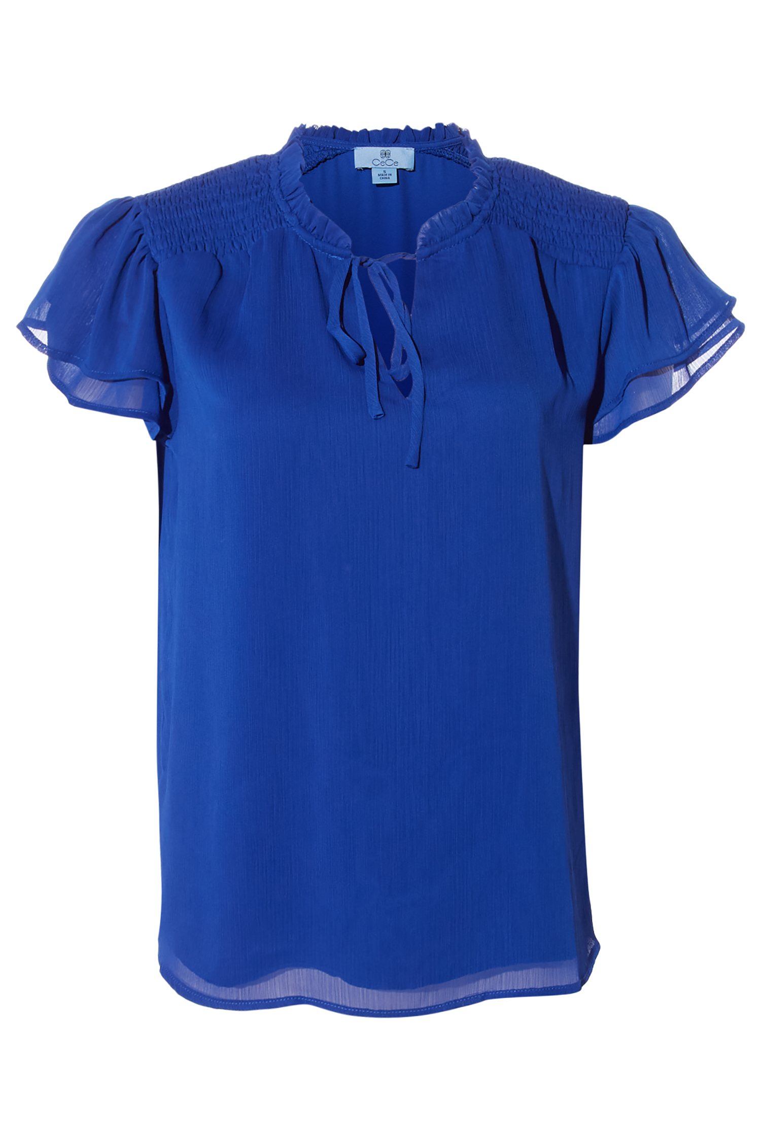 Smocked Shoulder Tie Neck Blouse