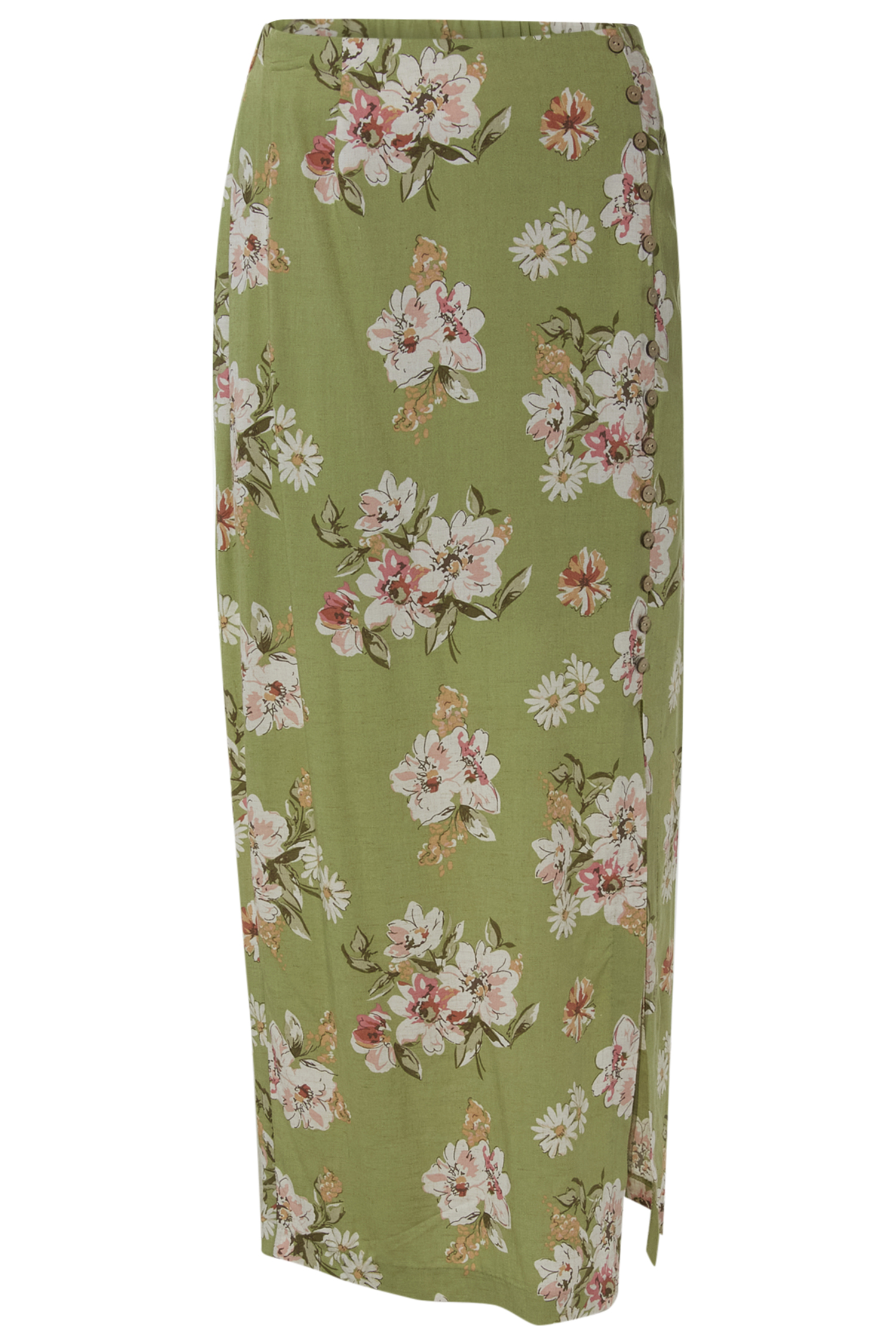 Button Detail Floral Print Midi Skirt