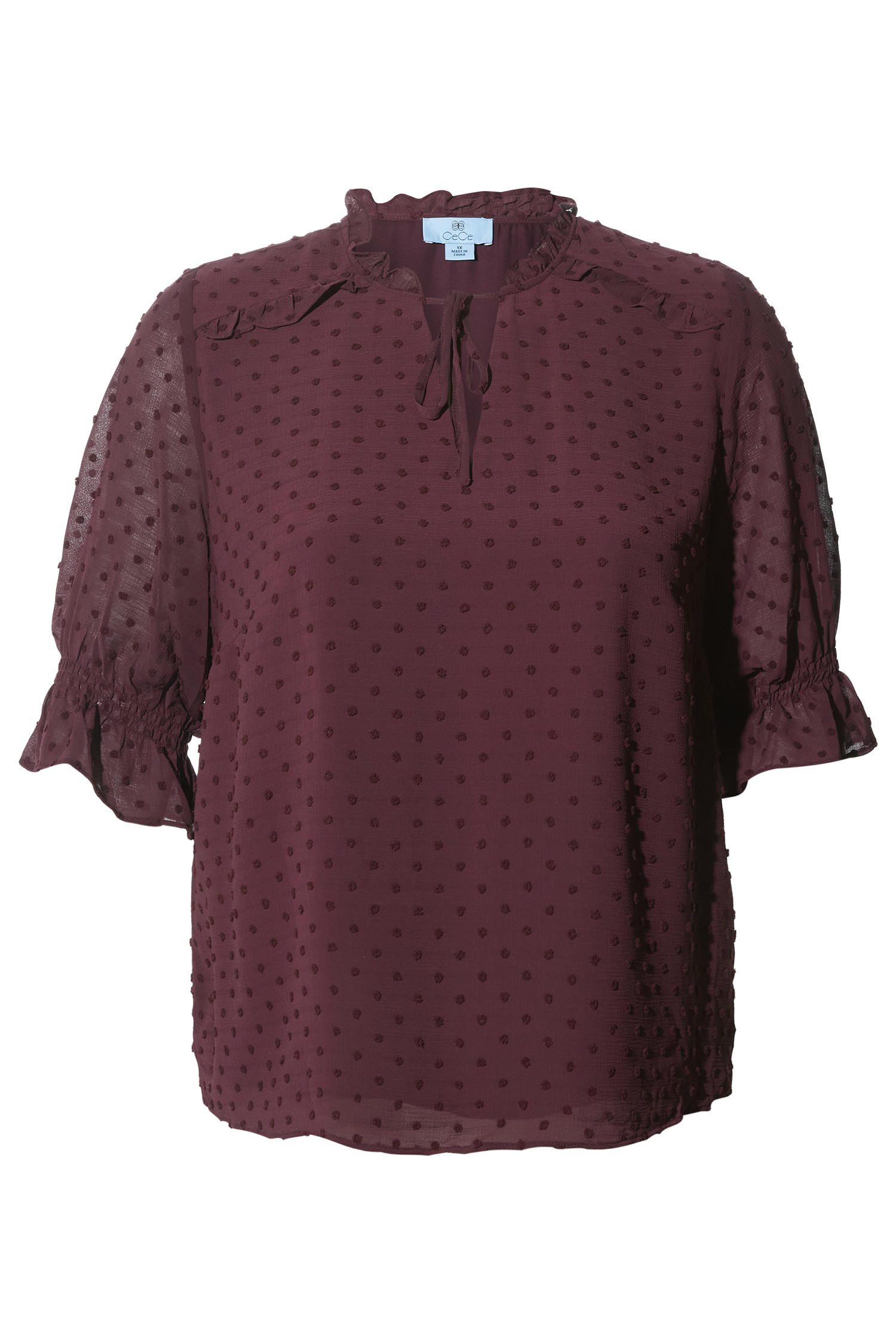 Split Neck Clip Dot Chiffon Blouse