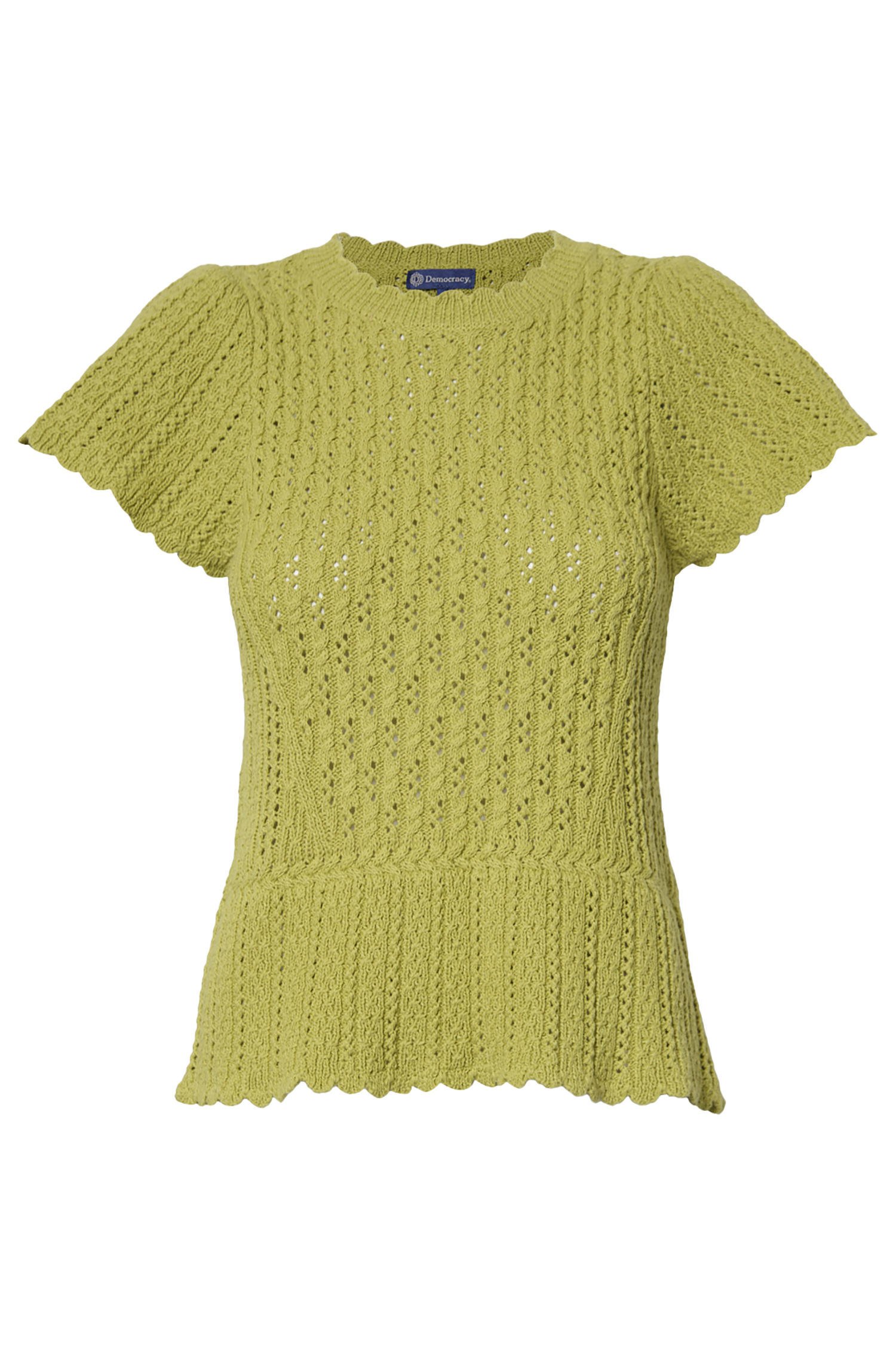 FLOUNCE SHORT SLEEVE, ROUND NECK, PEPLUM CROCHET SWEATER TOP
