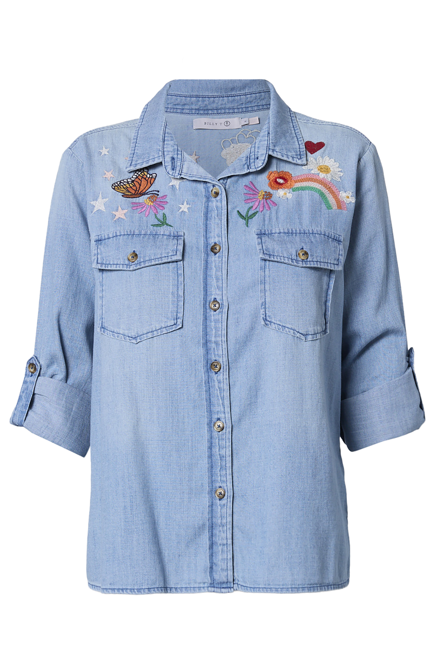 Happy Embroidered Button Up