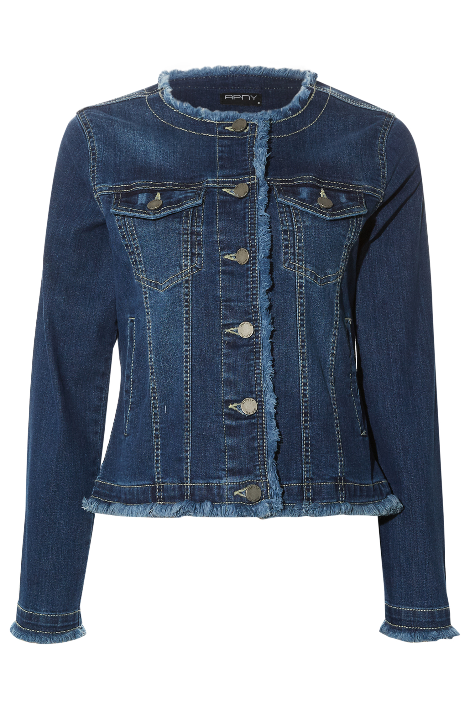 Collarless Jean Jacket with Frayed Detail in Dark Blue S XL