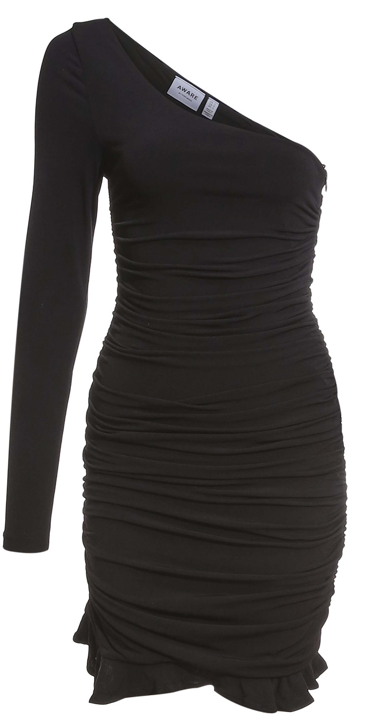 Moda Long Sleeve One Shoulder Ruched Dress in Black M | DAILYLOOK
