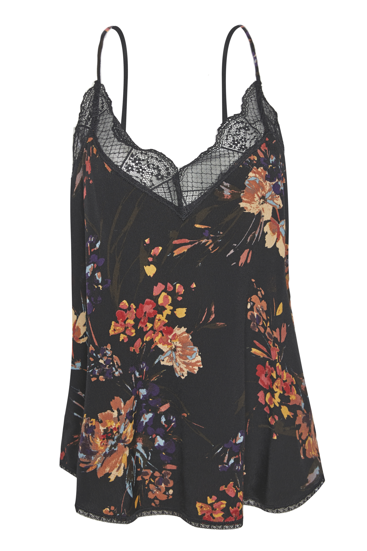 Black Silky Lace Trim Slip Floral Cami