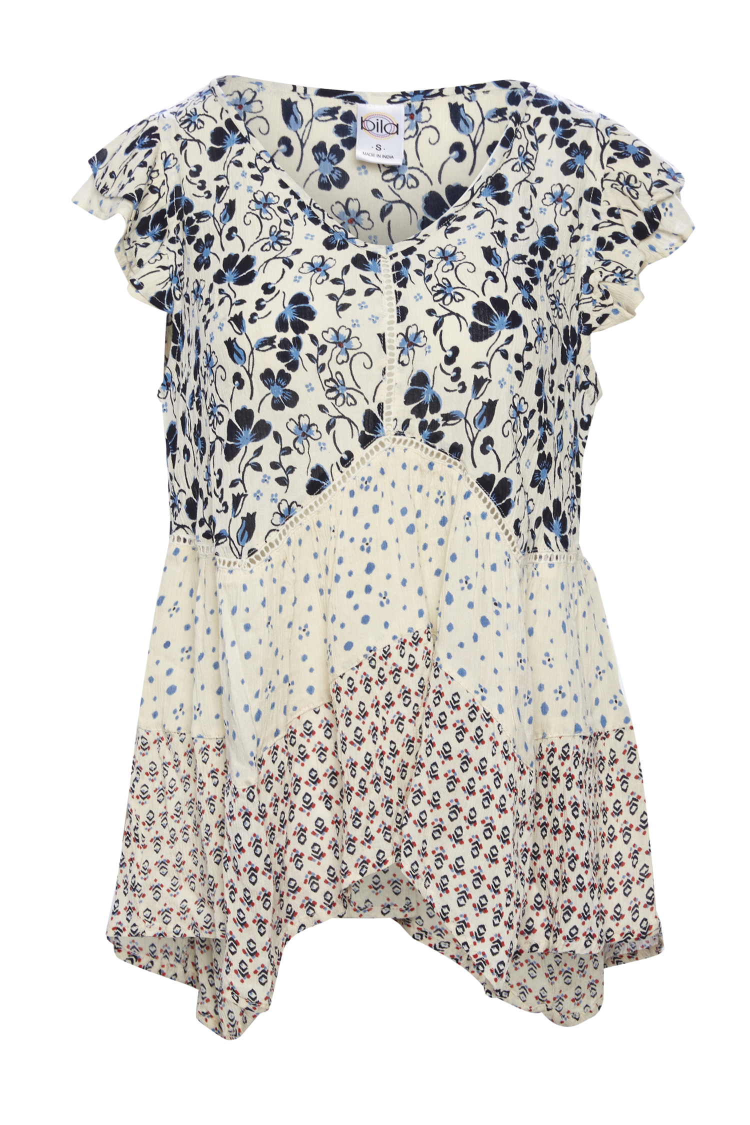 Bila Mixed Print Flutter Sleeve Top