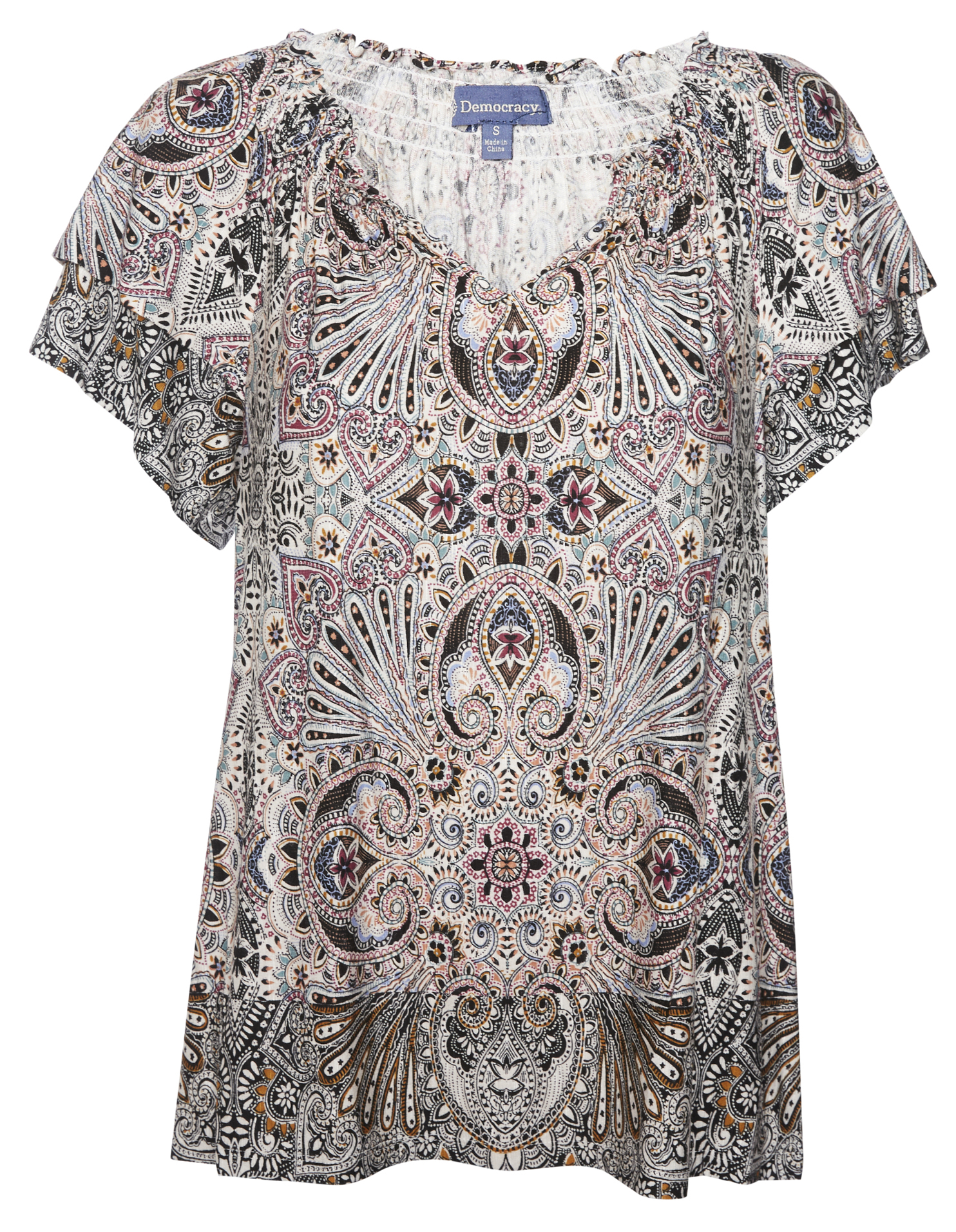 Democracy Smocked Neck Printed Peasant Top