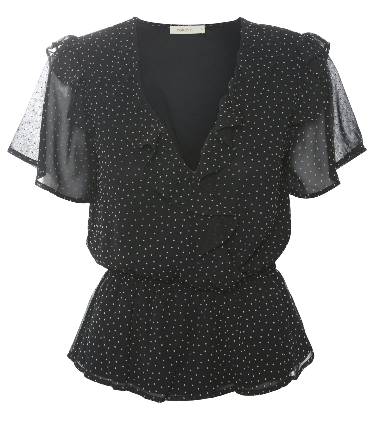 Surplice Ruffled Polka Dot Peplum Top