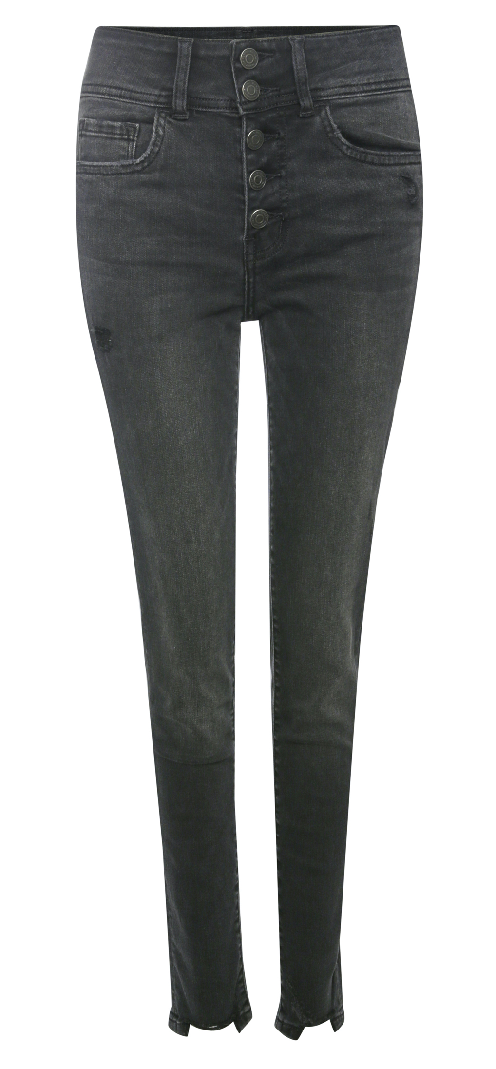 High Rise Button Up Distressed Step Hem Ankle Denim