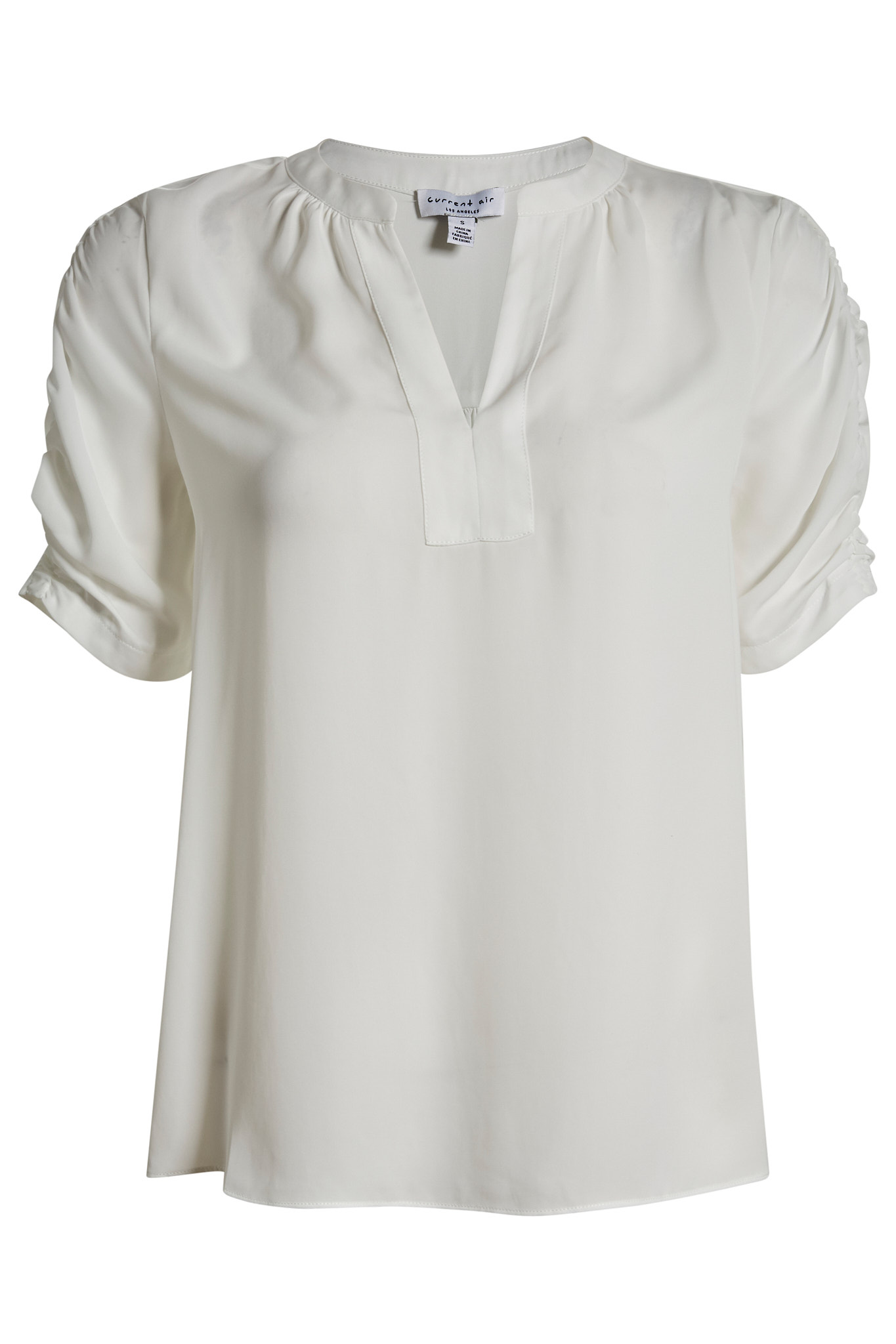 Split Neck Blouse with Ruched Sleeve