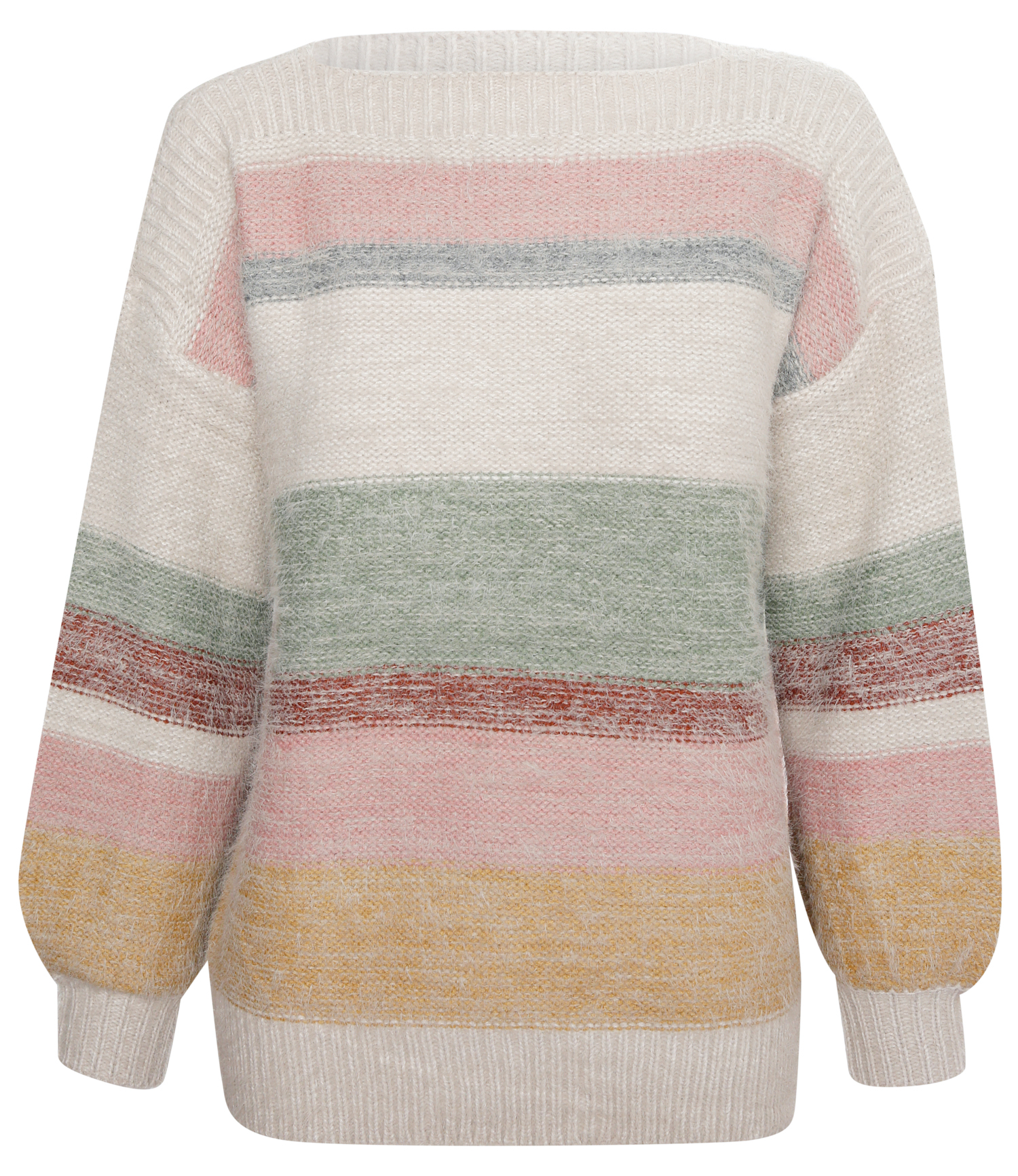 Boat Neck Striped Fuzzy Sweater