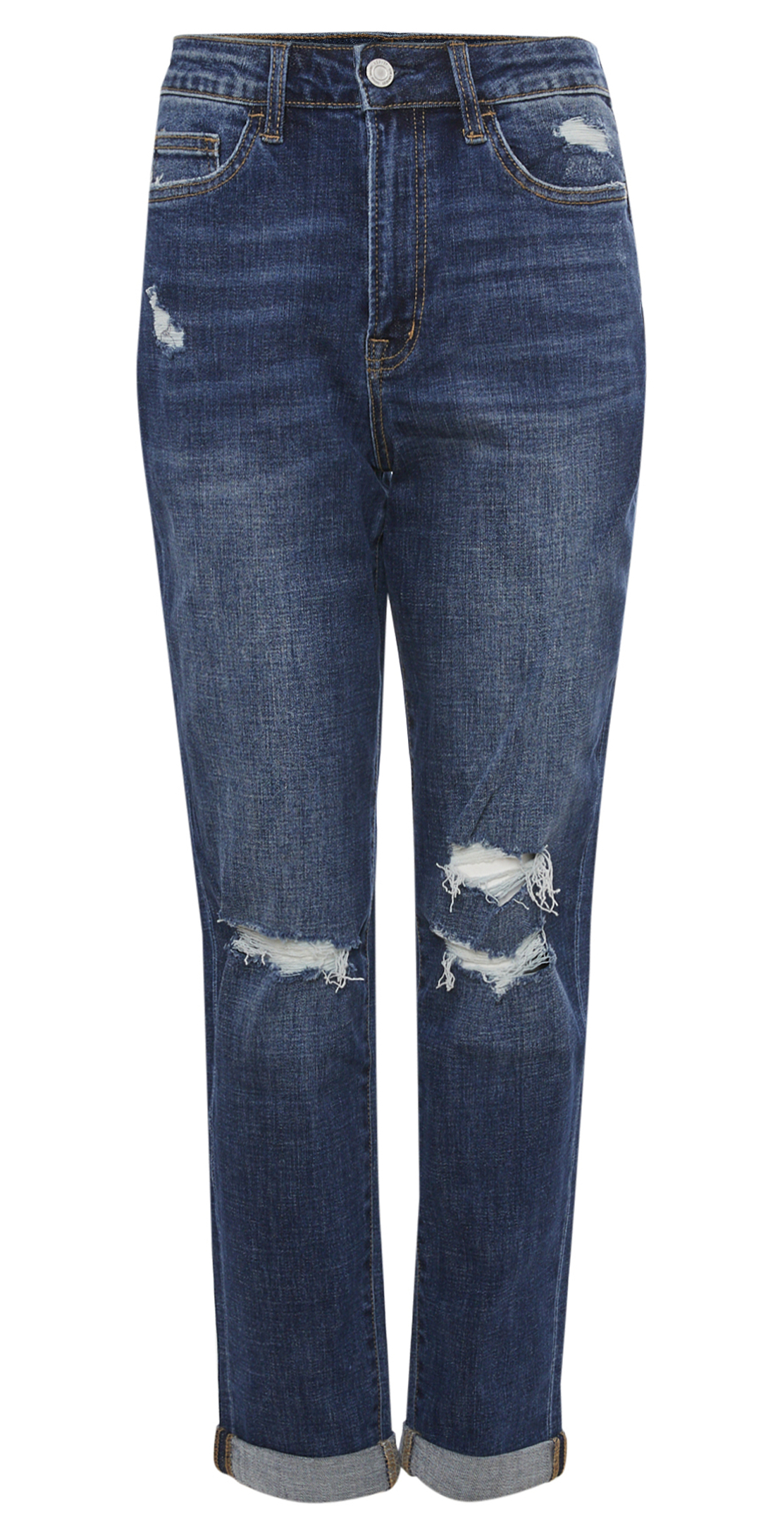 Distressed Roll Up Stretch Mom Jean