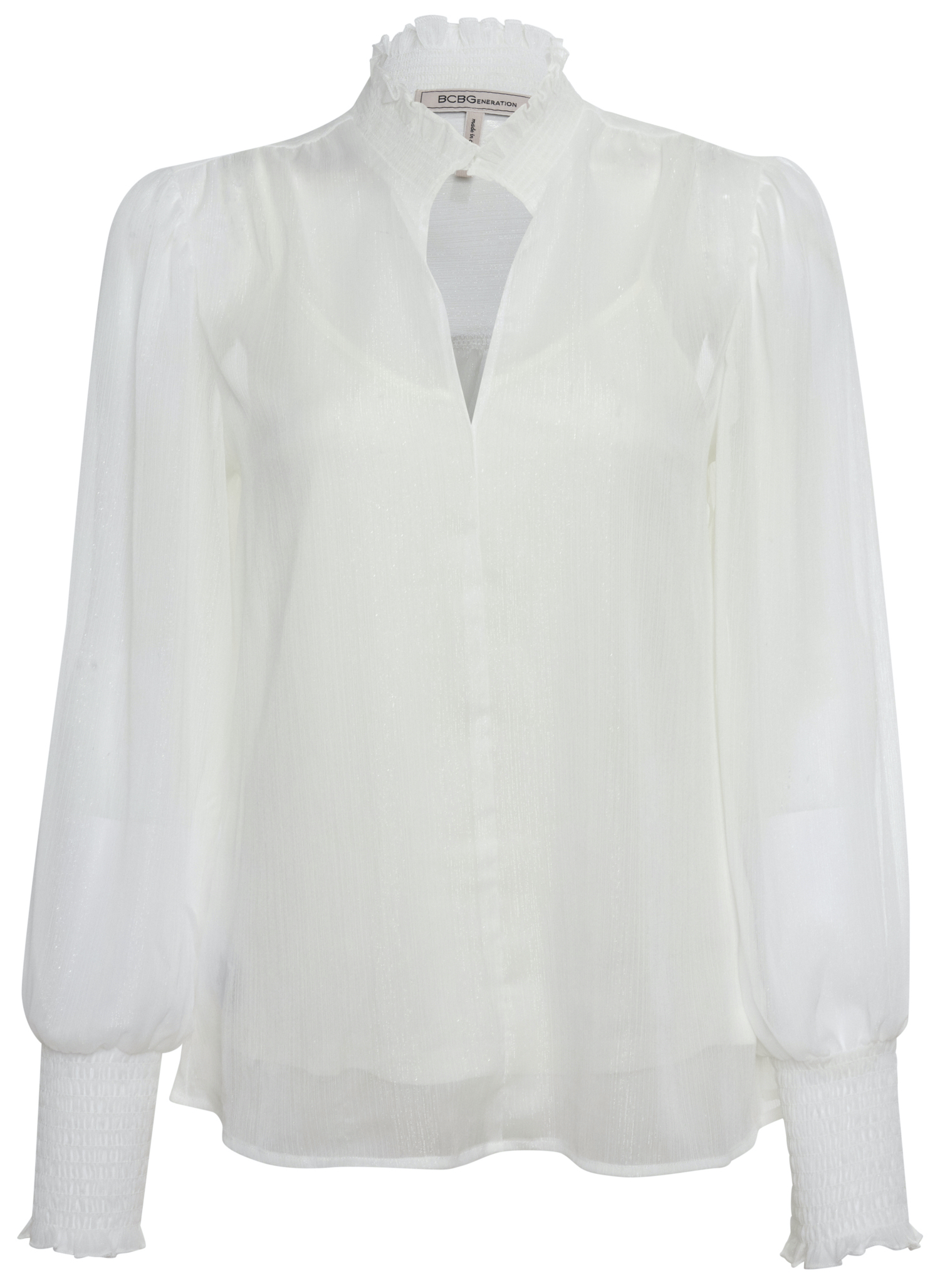 BCBGeneration Woven Cutout Smock Neck Top