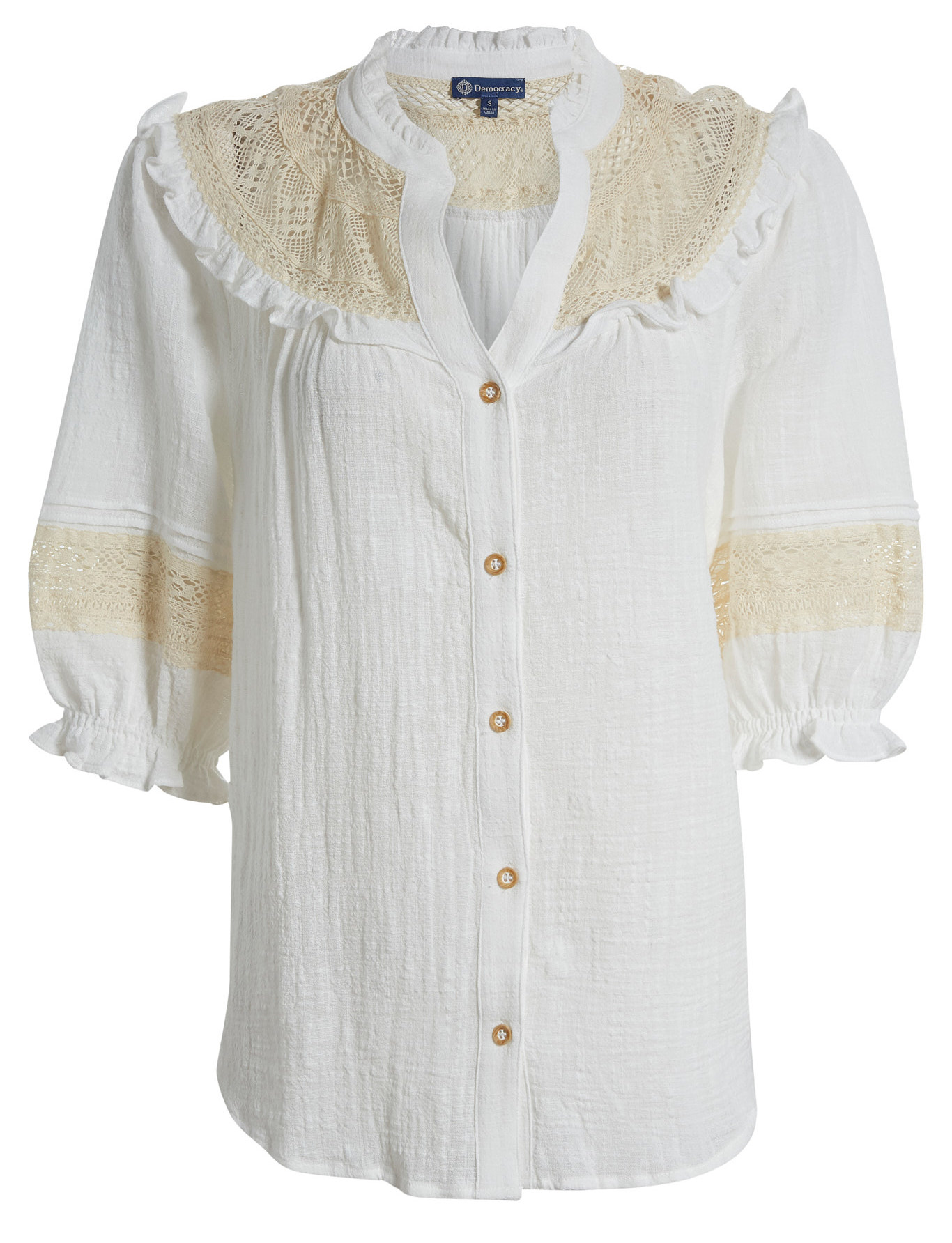 Democracy 3/4 Sleeve Button Front with Crochet Knit Detail