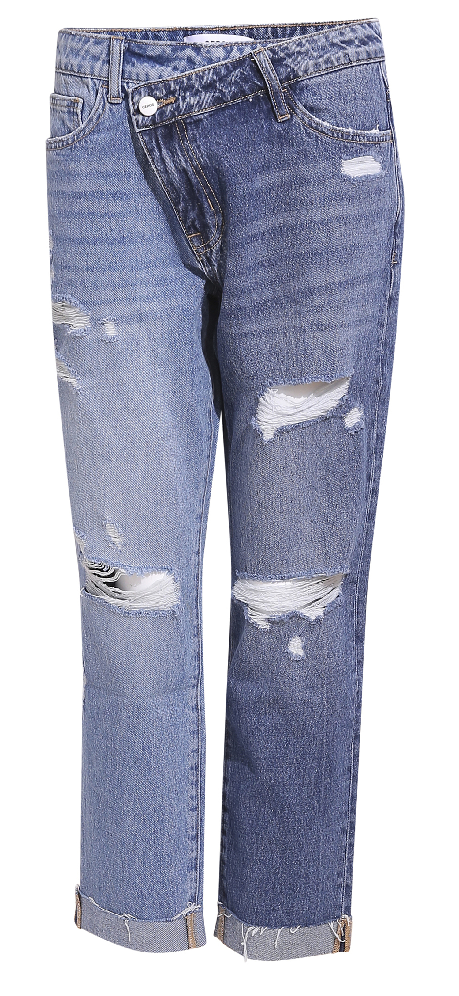 Ceros High Rise Cross Waist Distressed Boyfriend Jean