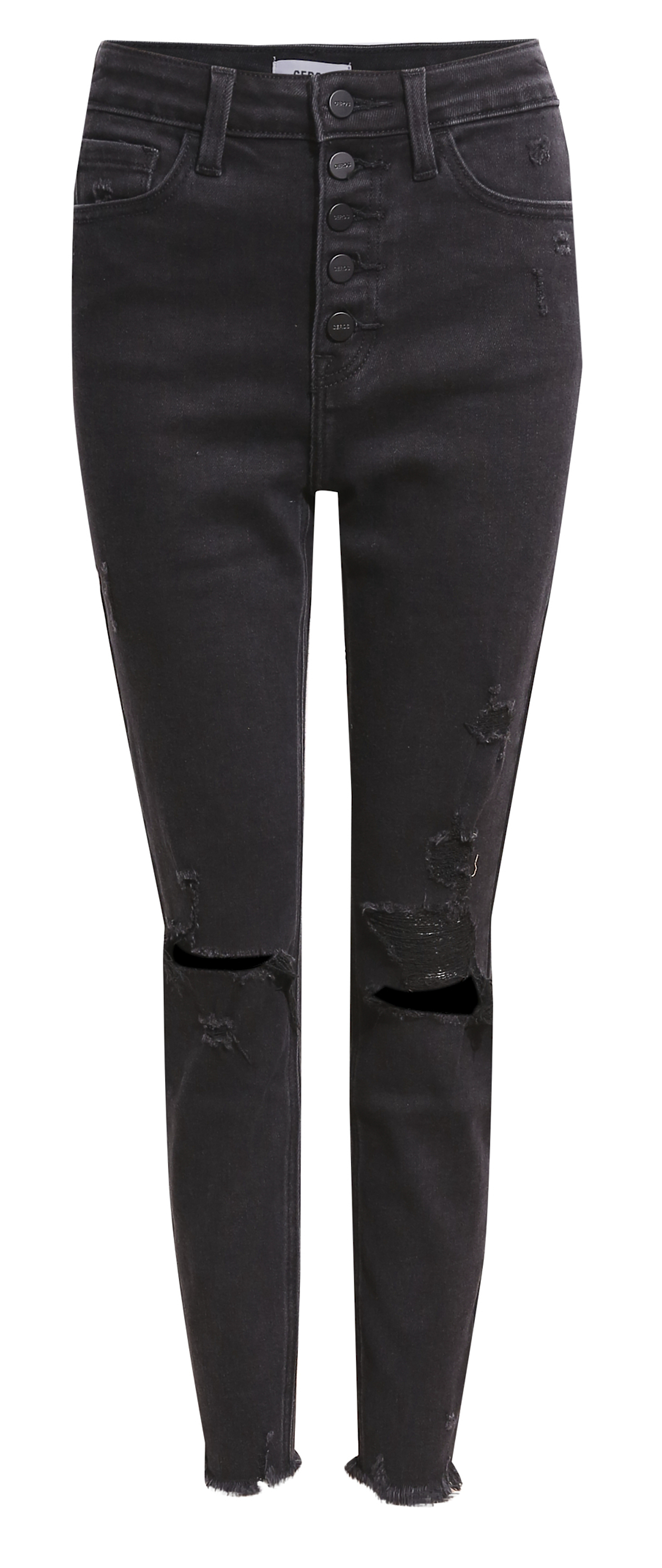 Ceros High Rise Button Fly Distressed Denim