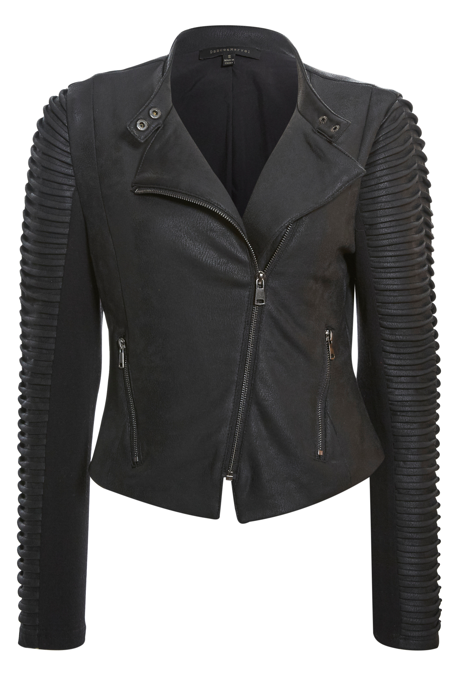 Coated Moto Jacket with Ribbed Sleeves