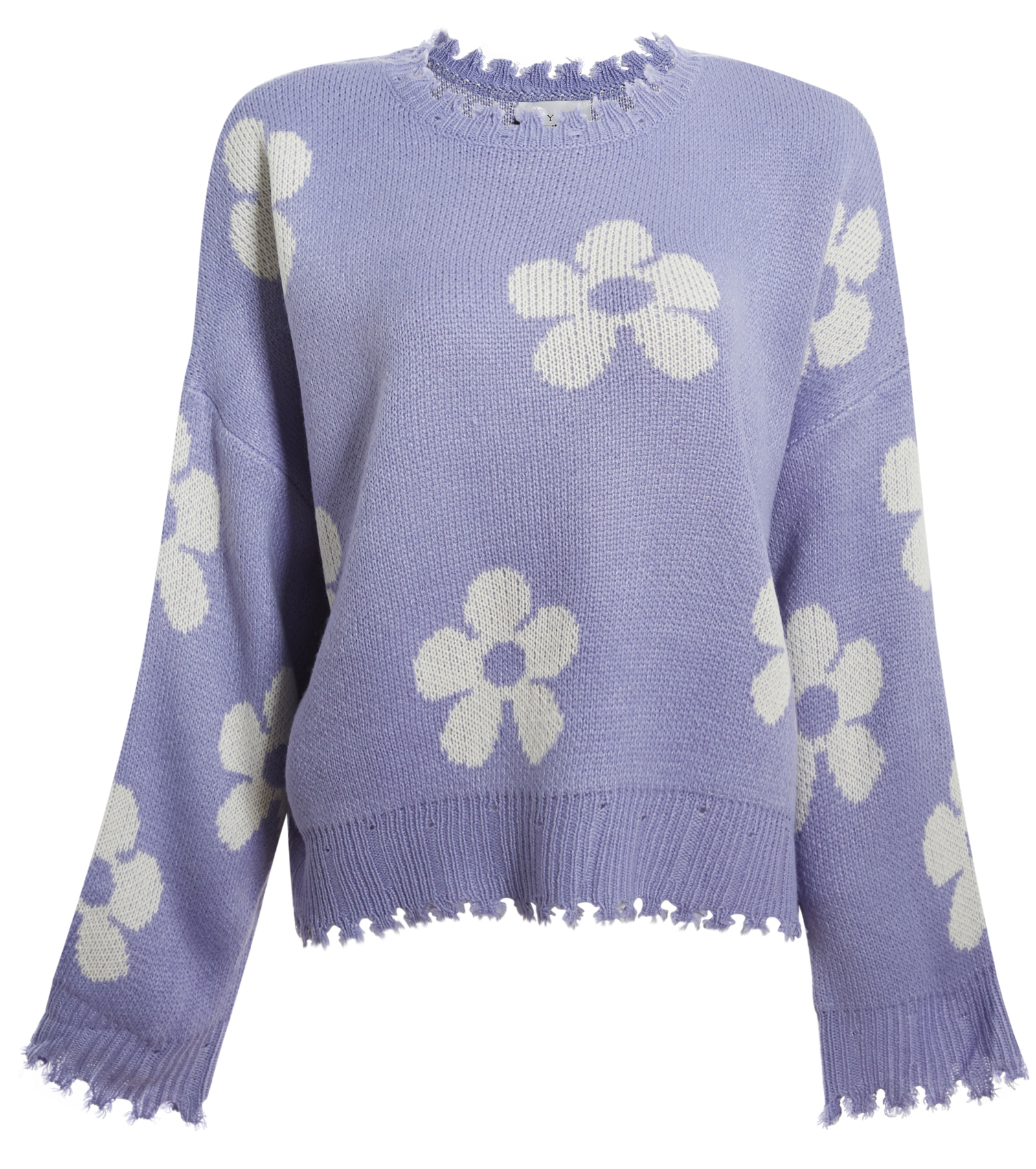 Distressed Floral Patterned Pullover Sweater