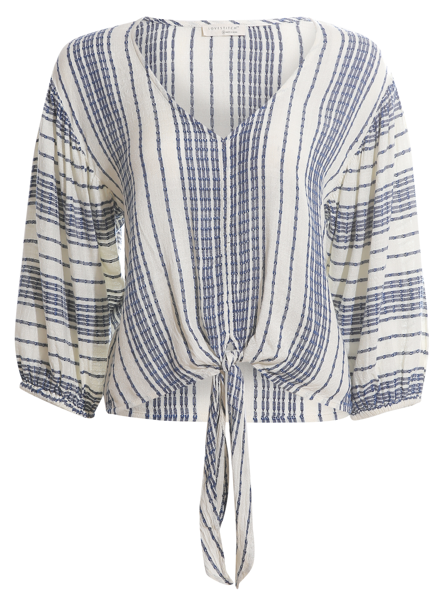 Striped 3/4 Sleeve Tie Front Top