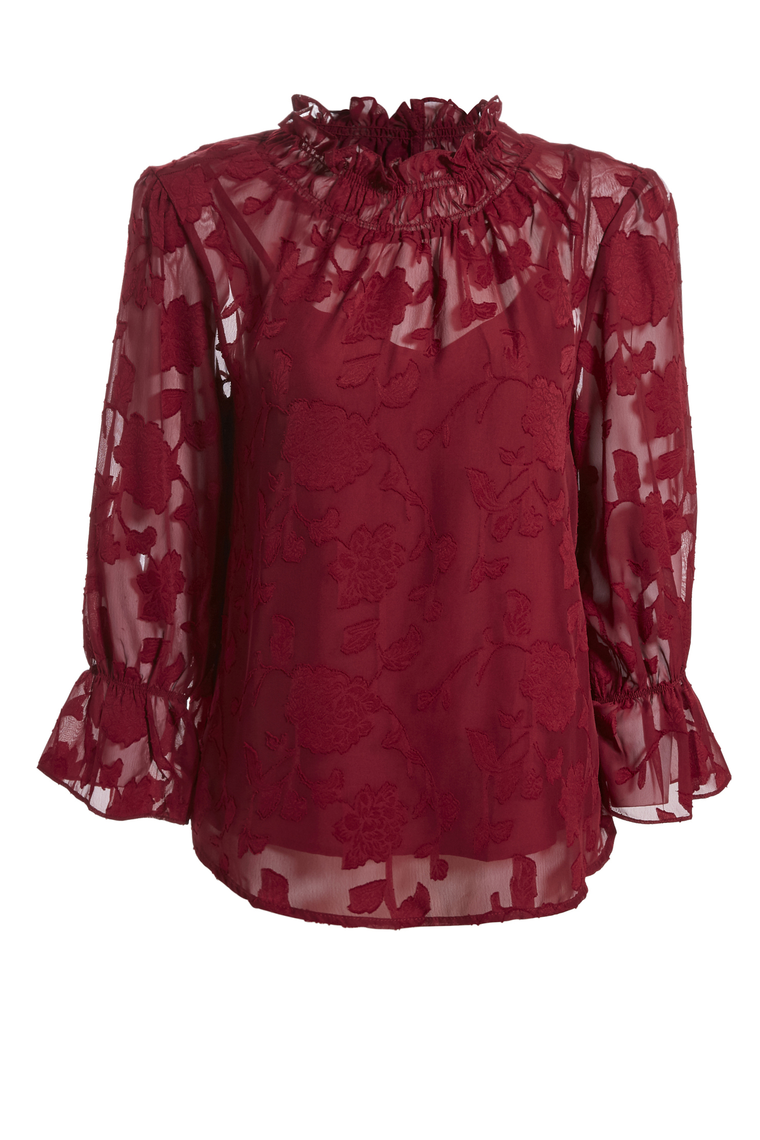 Smock High Neck Floral Embroidered Long Sleeve