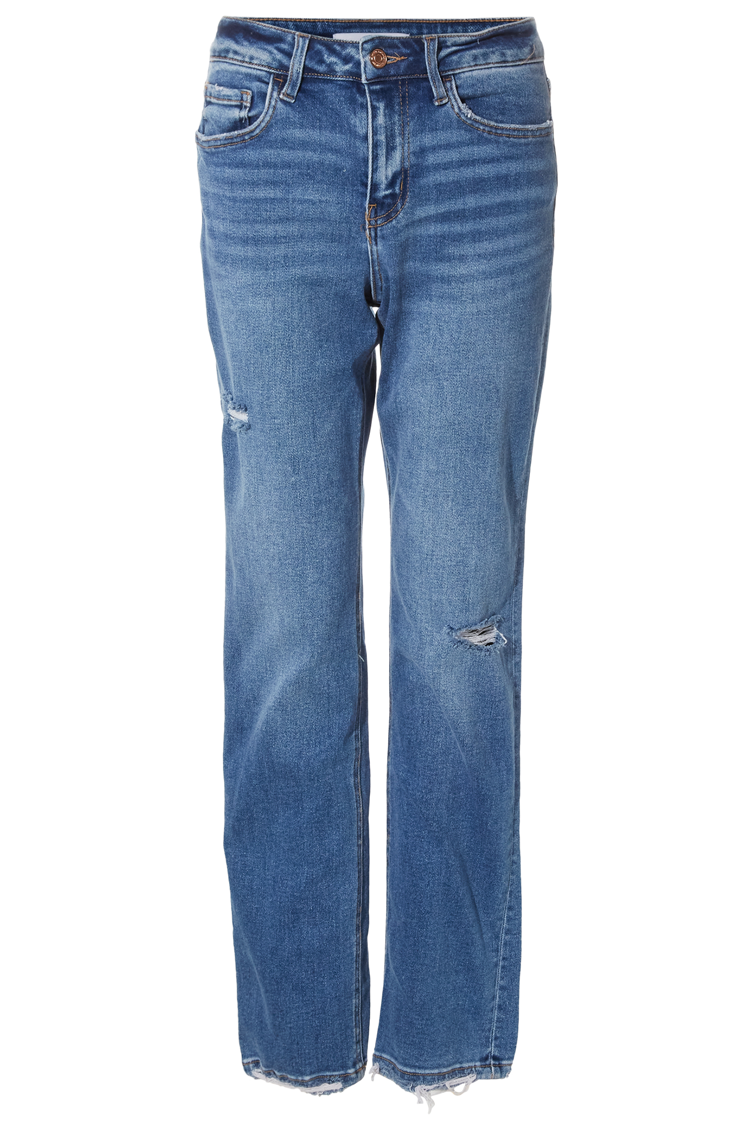 Mid Rise Distress Hem Straight Jean