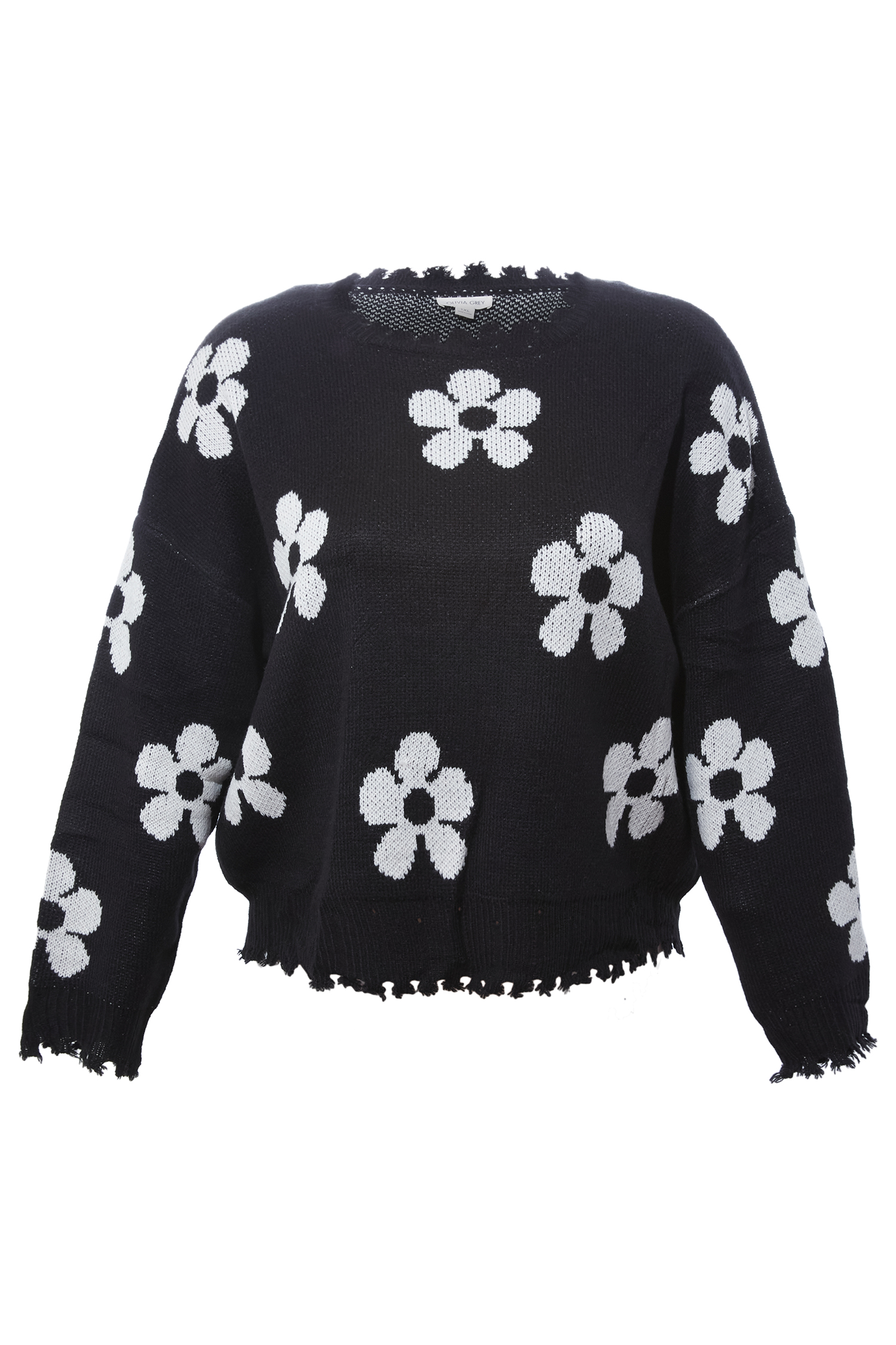 Distressed Floral Patterned Pullover Sweater
