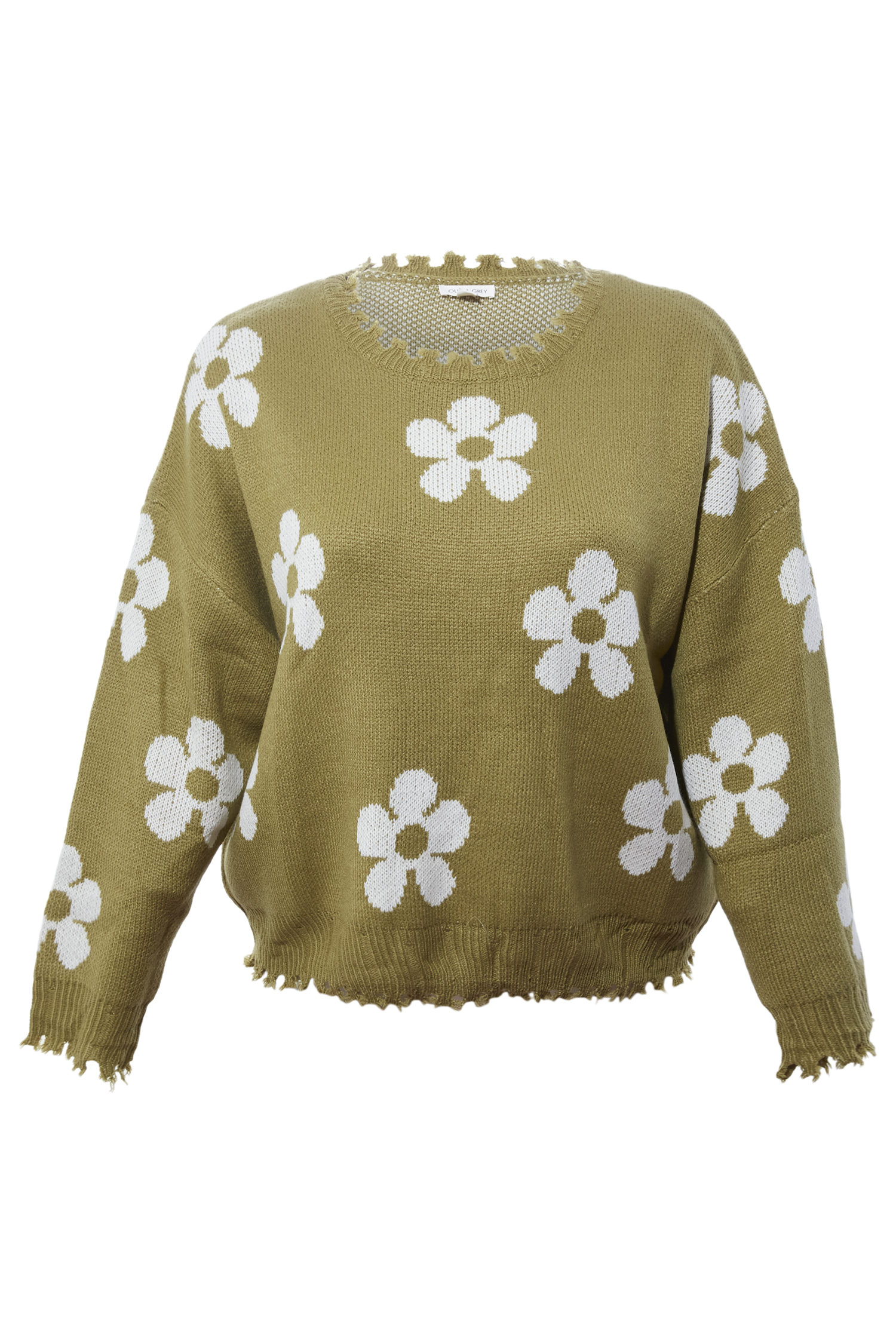 Distressed Floral Patterned Pullover Sweater