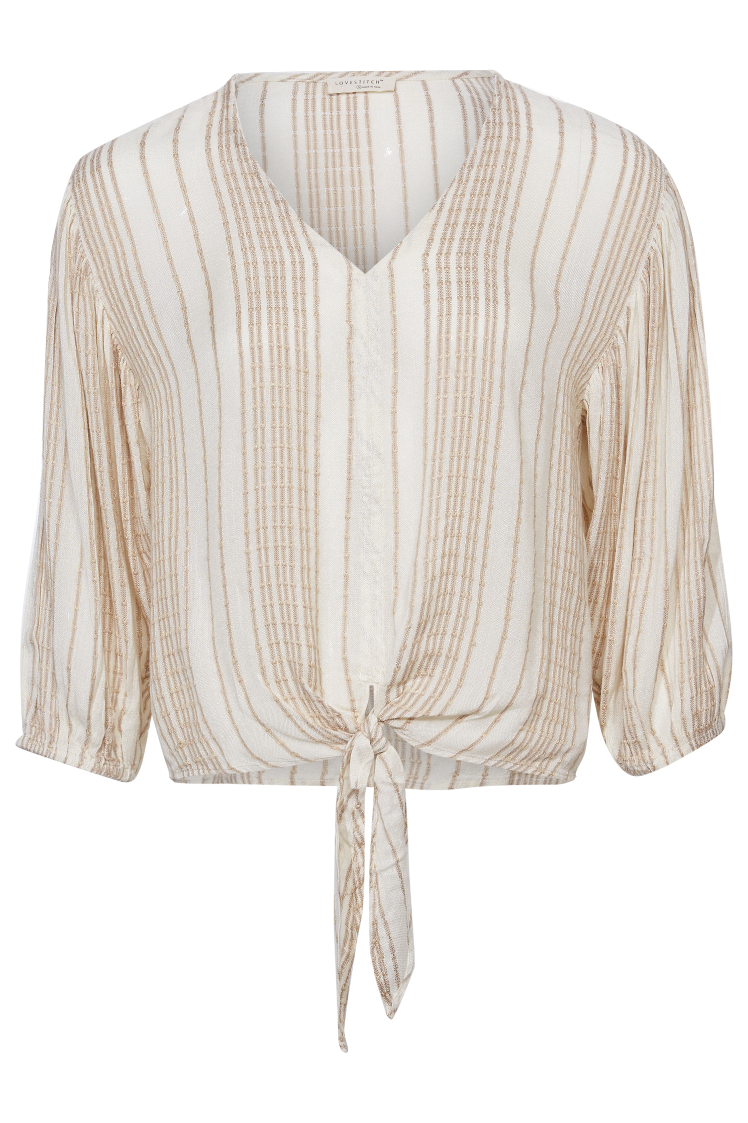 Striped 3/4 Sleeve Tie Front Top