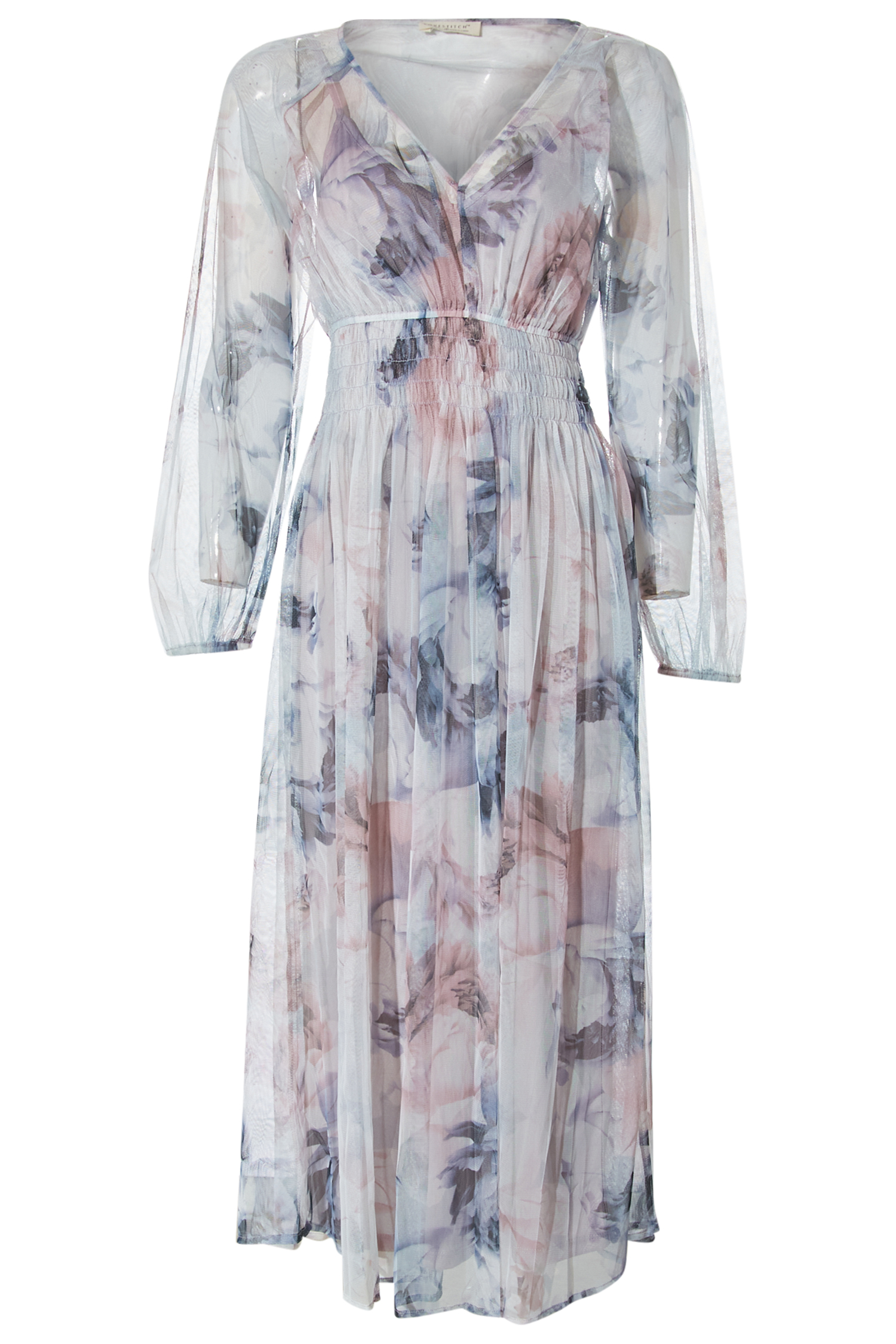Mesh Floral Shirred Maxi Dress