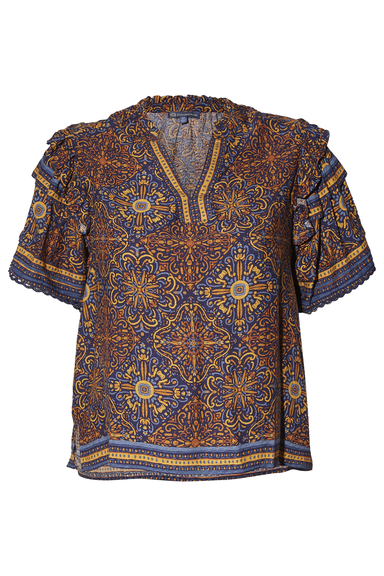 Democracy Border Print Short Pleated Sleeve Top