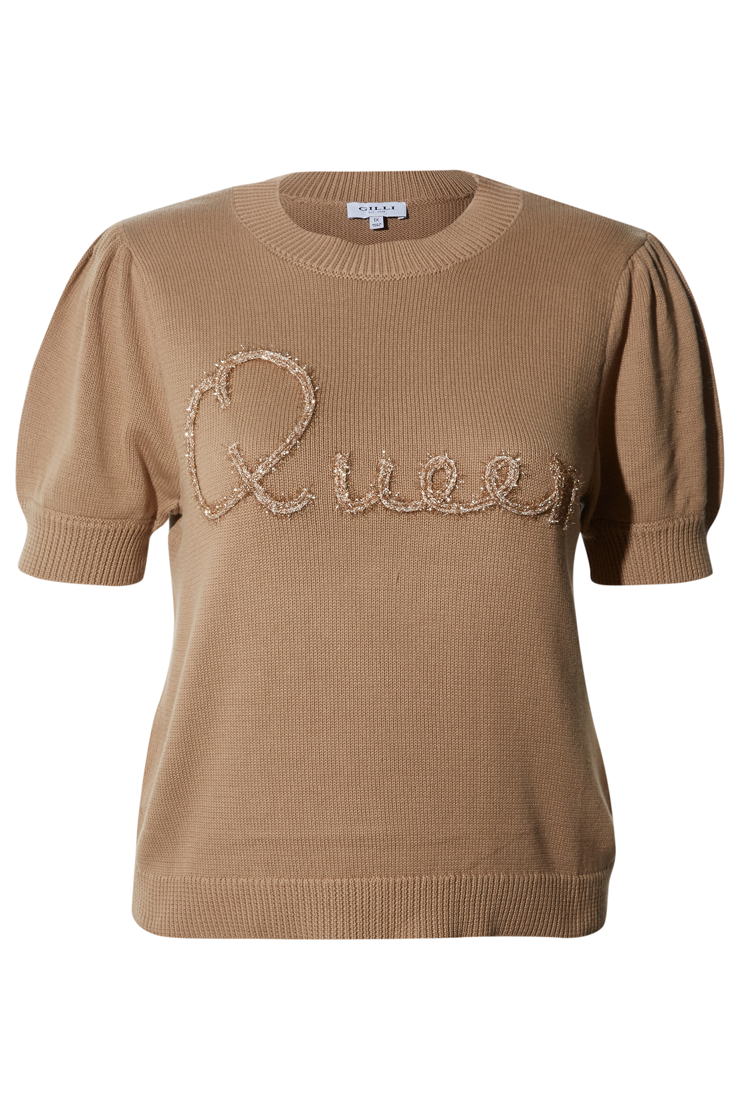 Queen Embroidered Puff Sleeve Knit Top