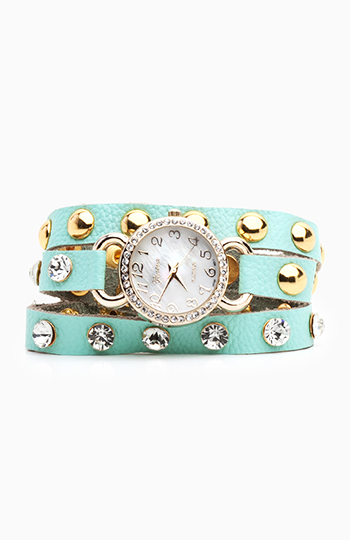 Crystal Stud Leather Wrap Watch Bracelet Slide 1