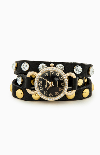 Crystal Stud Leather Wrap Watch Bracelet Slide 1