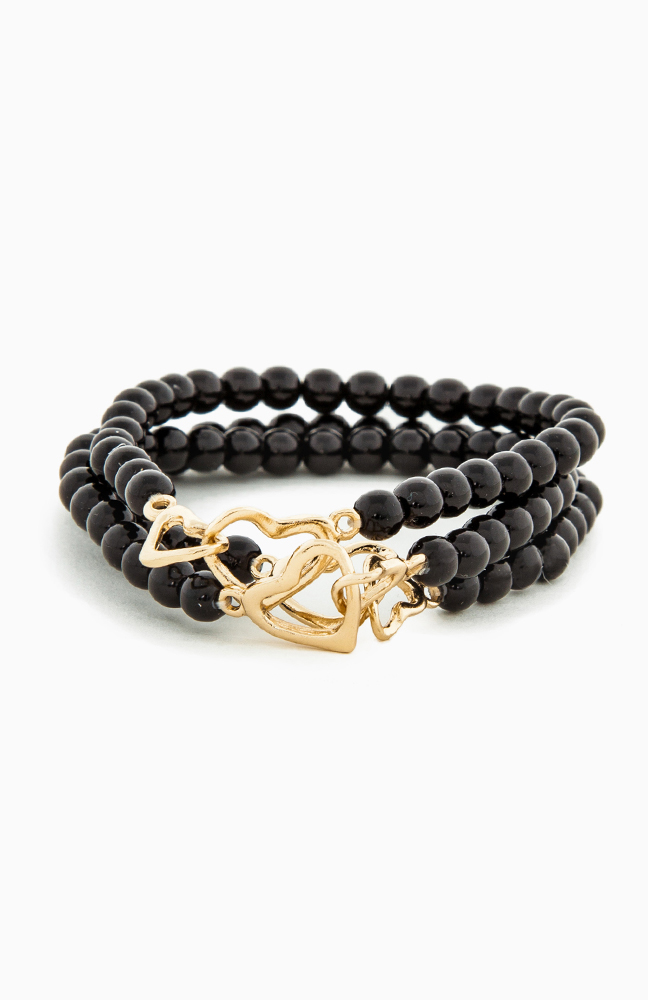 Beaded Hearts Bracelet Set in Black DAILYLOOK