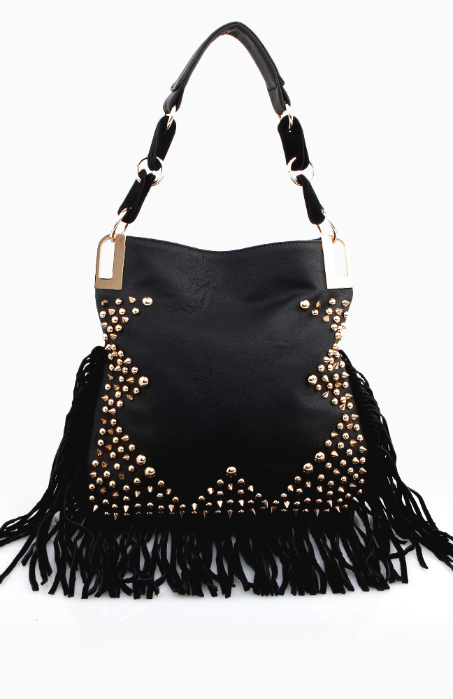 Studded Purse with Fringe in Black DAILYLOOK
