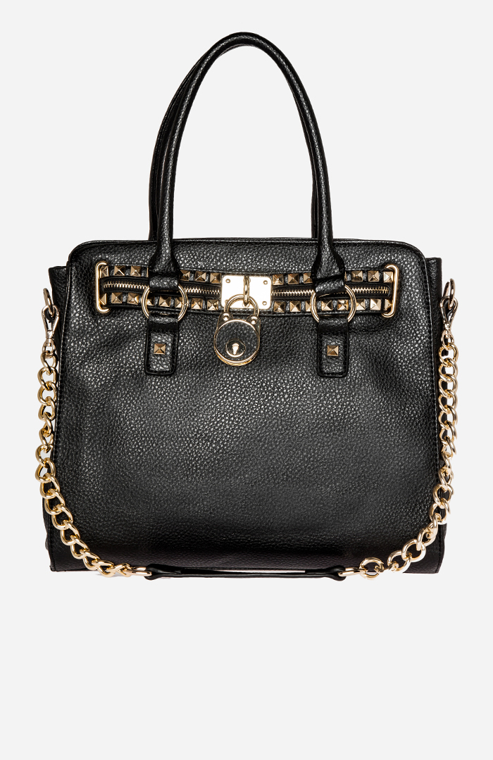 Studded Lock Charm Handbag in Black | DAILYLOOK