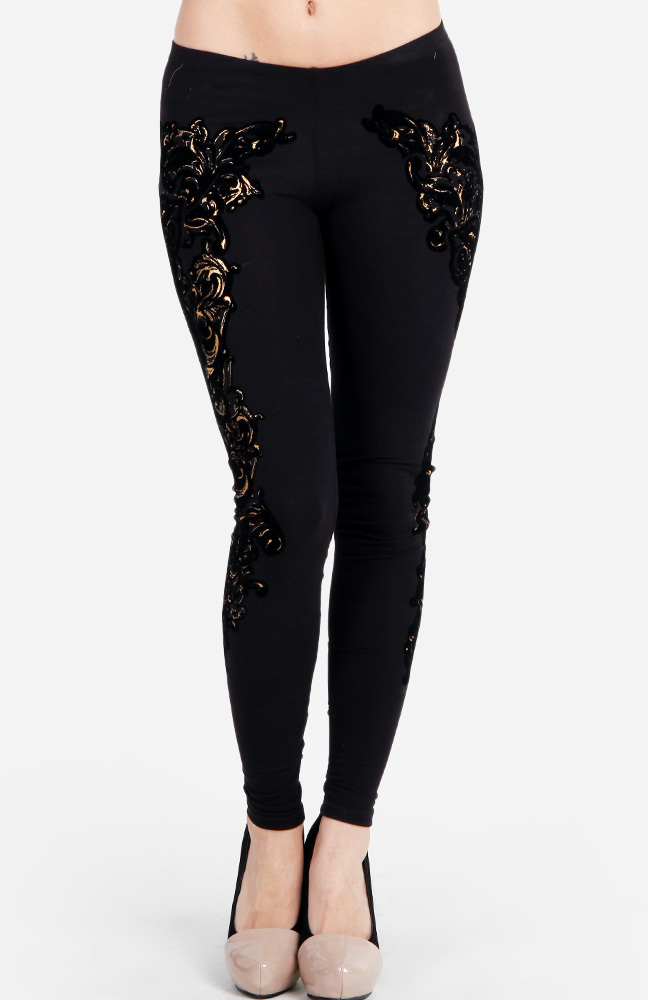 Embroidered Metallic Floral Leggings in Black DAILYLOOK