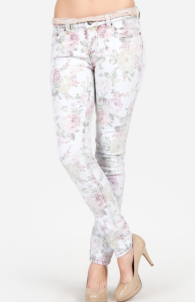Faded Floral Print Jeans in Pale grey DAILYLOOK