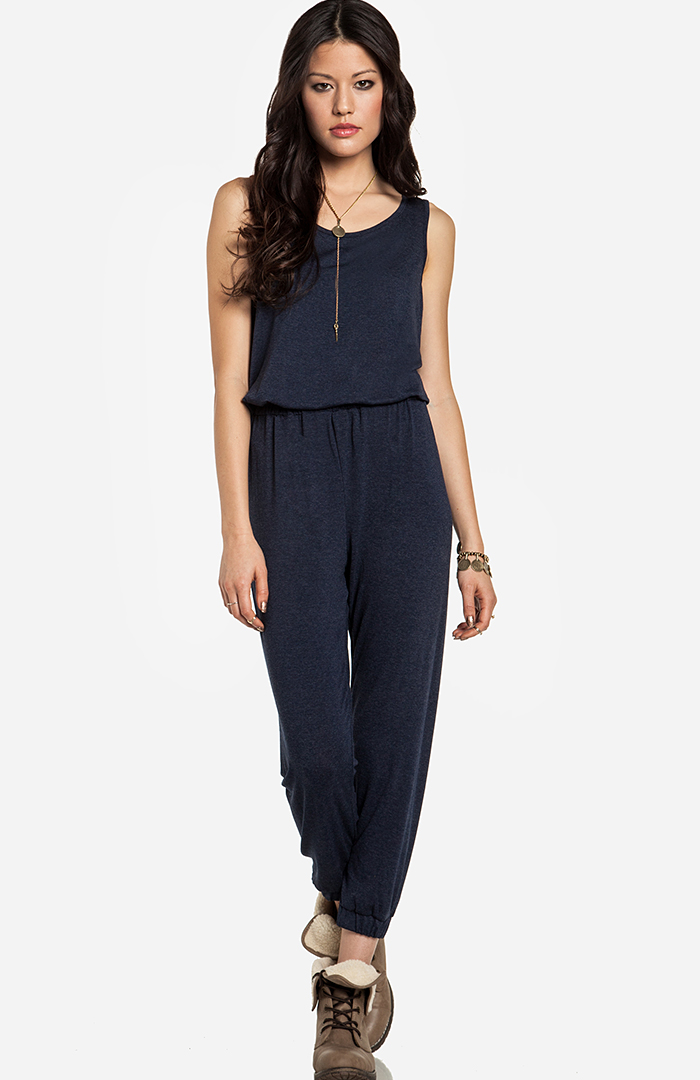 Jersey Knit Jumpsuit in Navy | DAILYLOOK