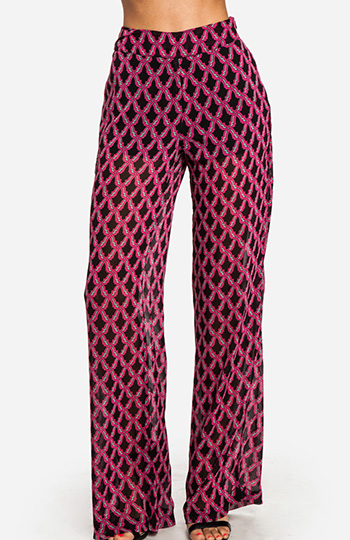 pink sheer pants with fur trim