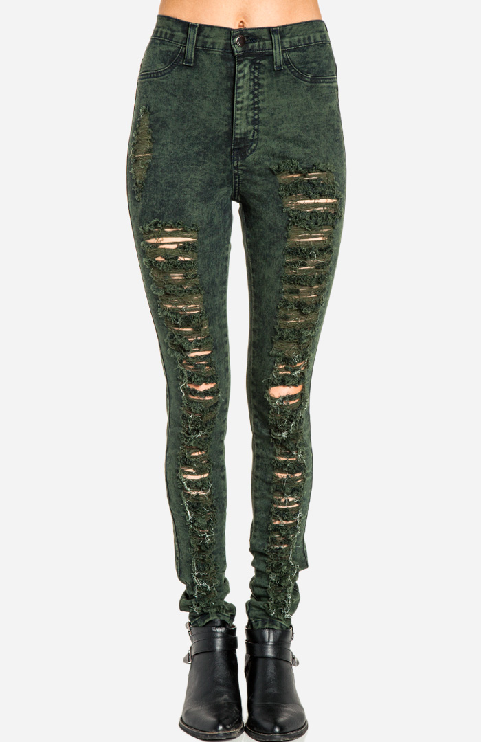 Shredded Acid Wash Jeans in Olive DAILYLOOK