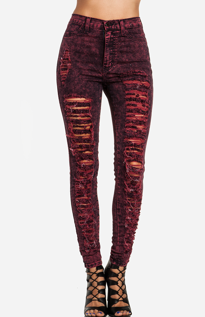 Shredded Acid Wash Jeans in Burgundy DAILYLOOK